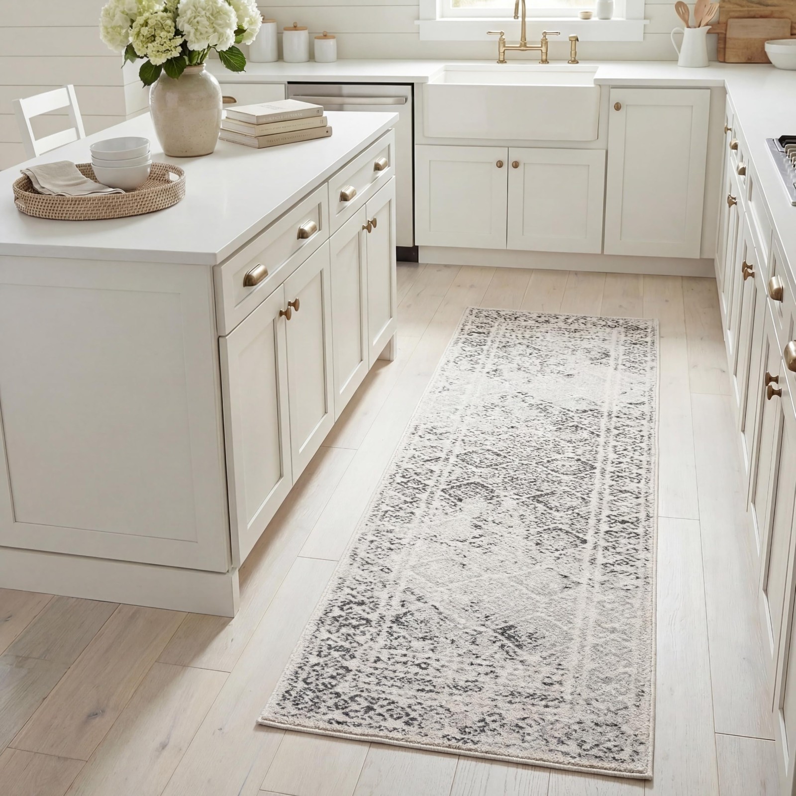 Moroccan Boho Runner Rug 2′ x 15′ – Ivory & Grey, Non-Shedding, Easy Clean, Idea