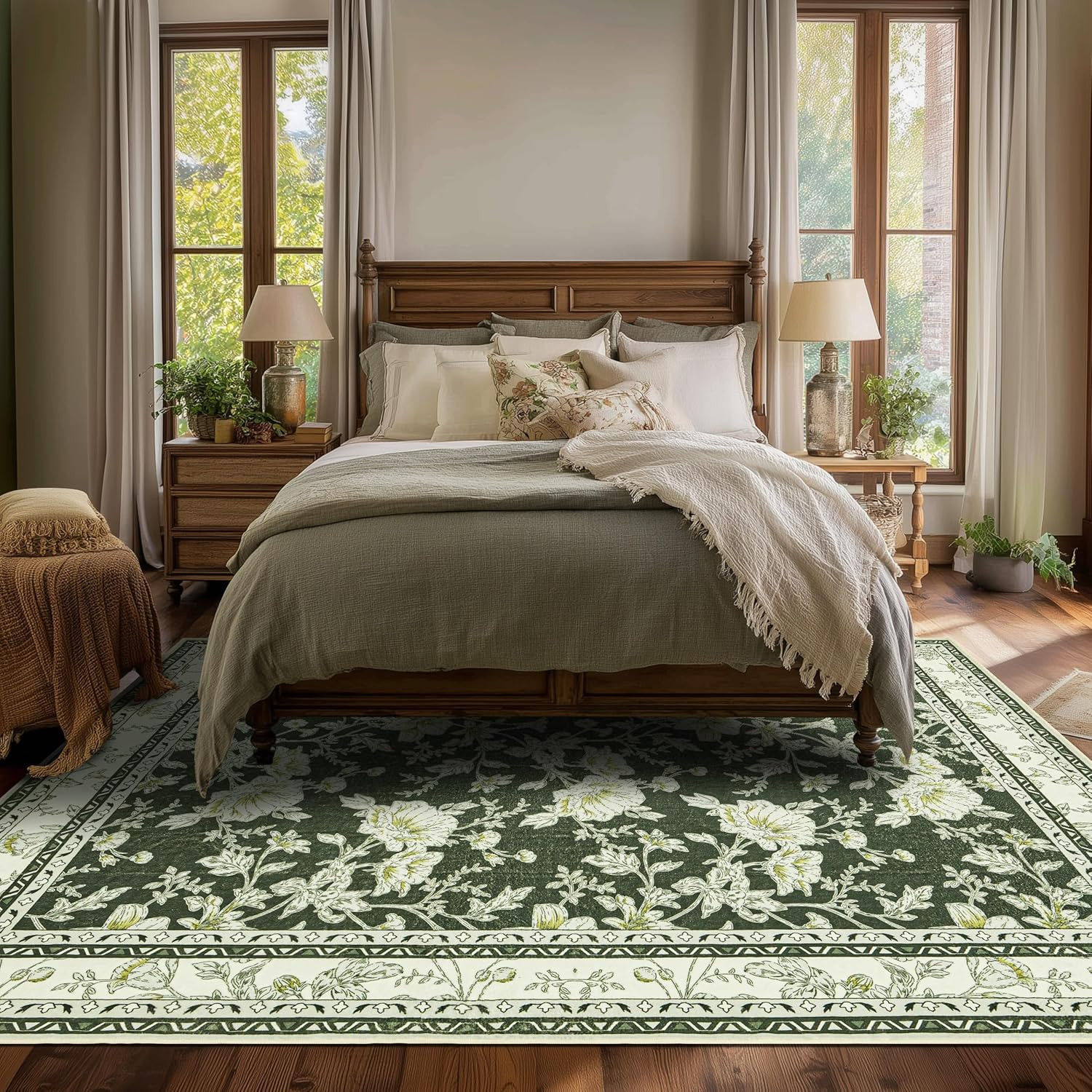 Olive Green Floral Print Area Rugs for Bedroom Living Room Boho Farmhouse Countr