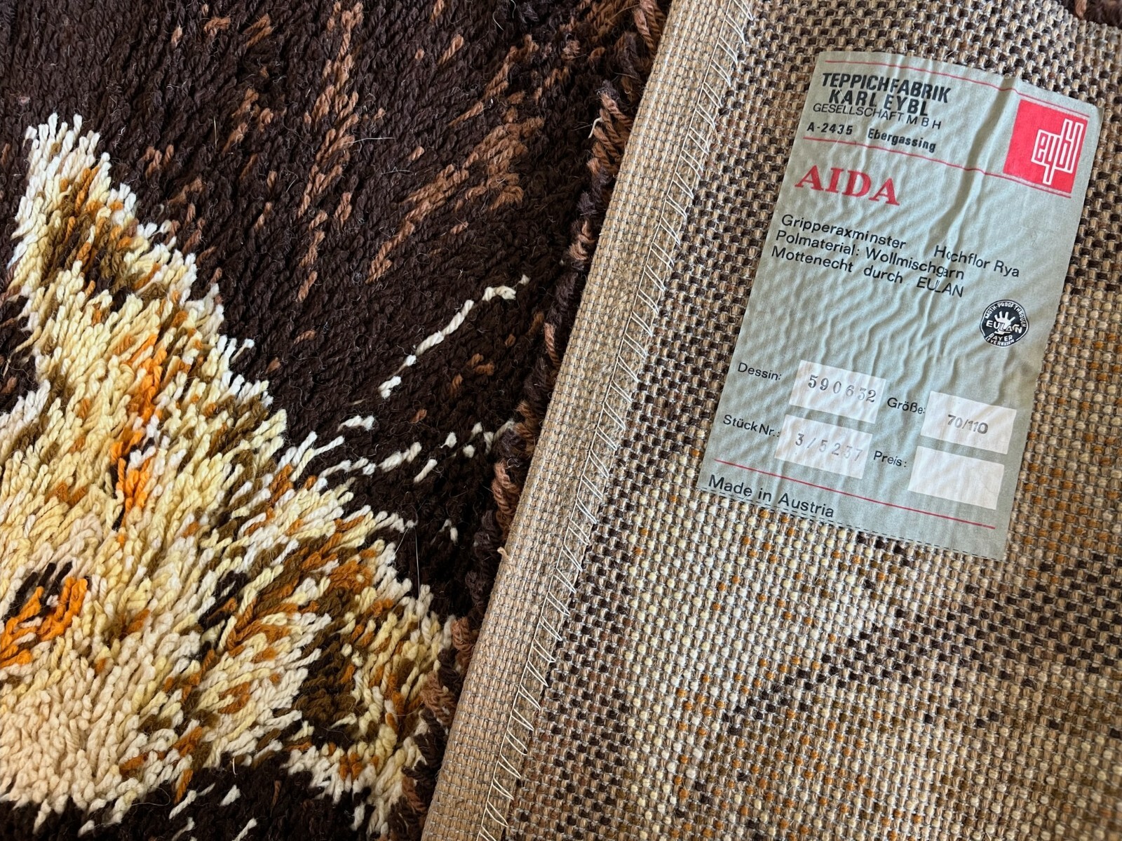 1960’s AIDA Brown Beige Cat Tapestry UNUSED Modern Mid Century Rya Rug Wool