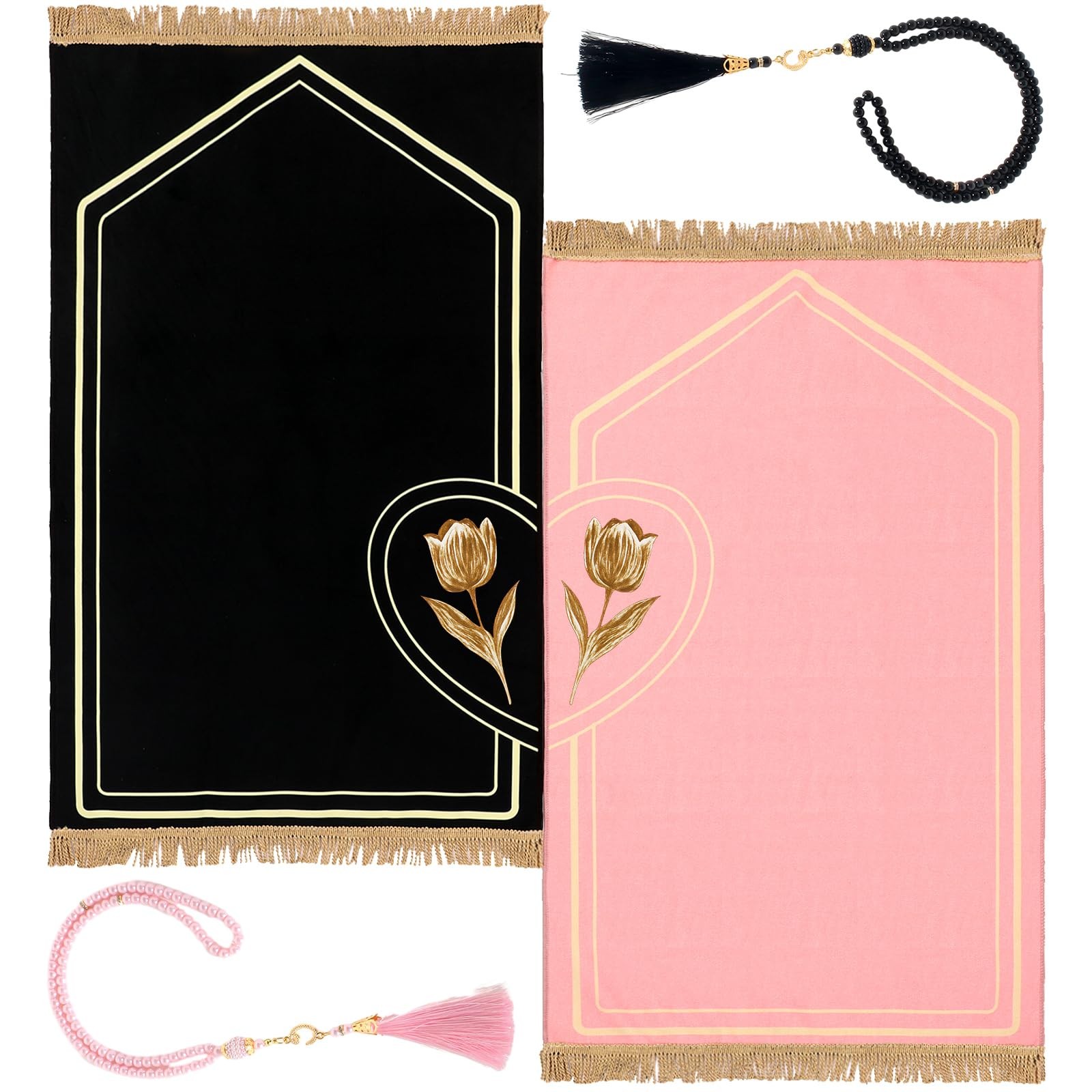 Drydiet 2 Pcs Muslim Couple Prayer Rug Set Heart Design 2 Pcs Prayer Beads