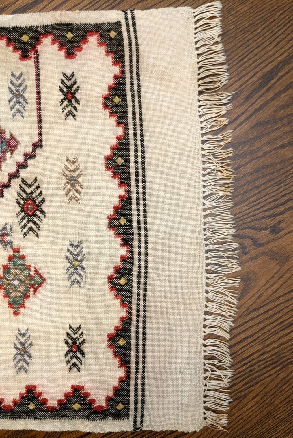 Vtg Hand woven Rug 58″ X 22″ Wool Natural Geometric Moroccan Turkish Greek Kilim