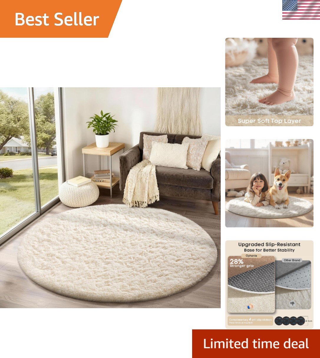 Ultra-Soft 4Ft Round Ivory Shag Rug – Non-Slip Cozy Decor for Kids & Teens