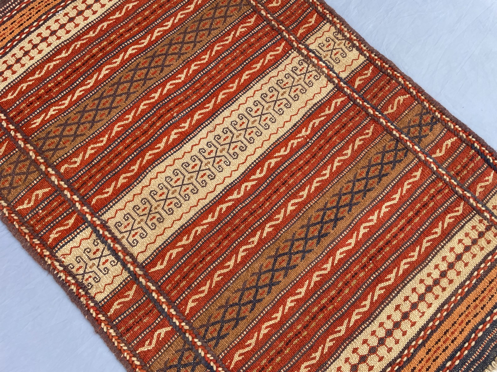 2×3 Handwoven Afghan Kilim Rug Tribal Wool Flatweave with Hooked Motifs N Stripe