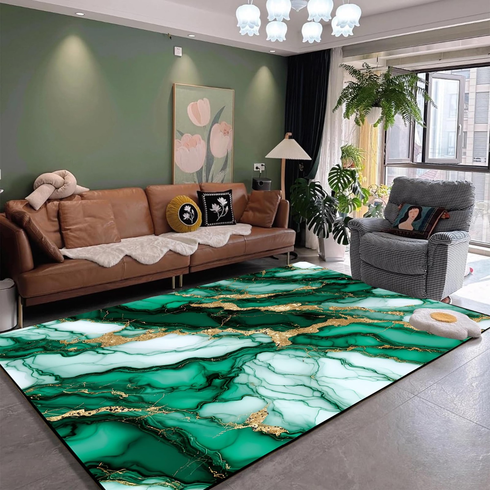 EDGZKO Green Gold Marble Rugs 4×6 Feet Modern Abstract Area Rug Emerald Green