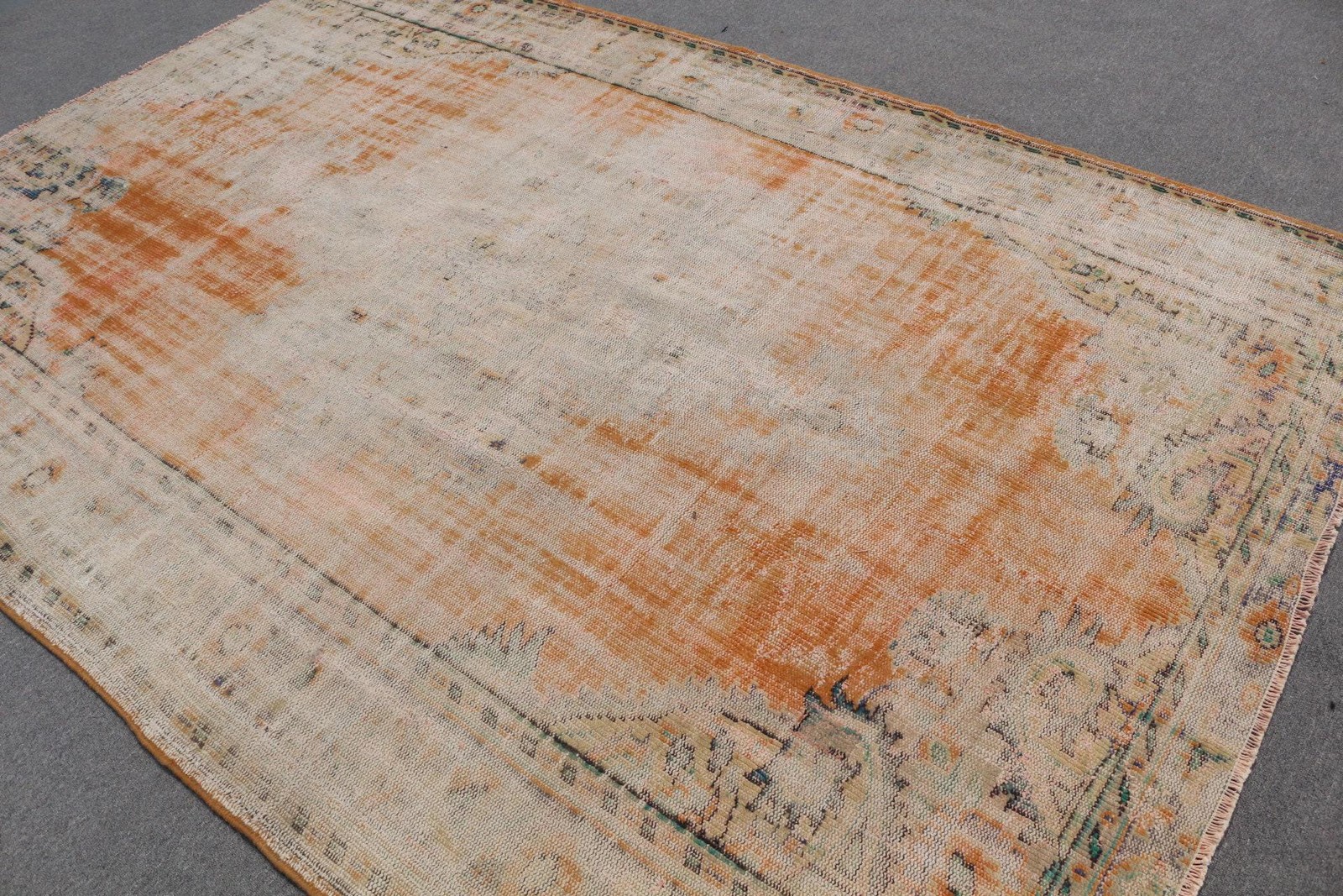 Vintage 6,46×9,5 ft Rug, Large Turkish Rug, Orange White Floral Rug