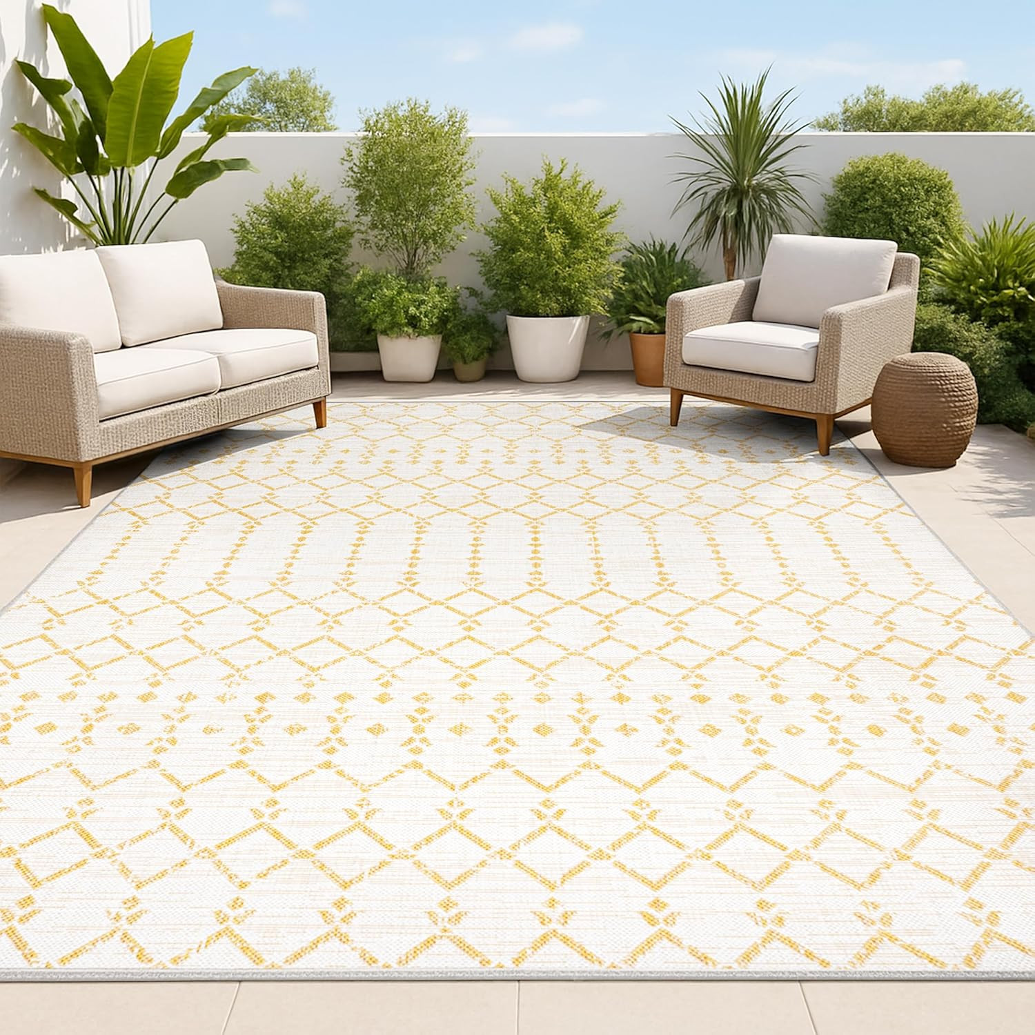 Moroccan Geometric 9×12 Area Rug – Cream/Yellow, Easy-Clean, Pet-Friendly