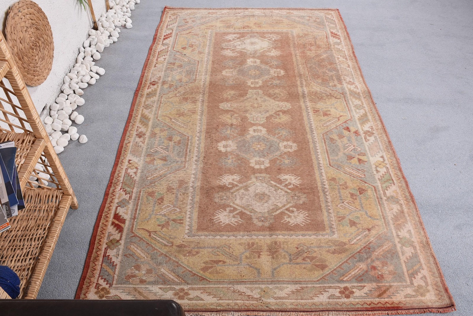 Vintage Area Rug, 4,1×7 ft Turkish Rug, Beige Wool Rug