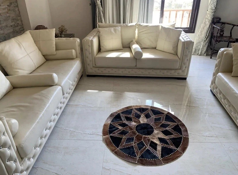 Handmade Genuine Cowhide Leather Round Rug Patchwork Area Carpet Custom Size