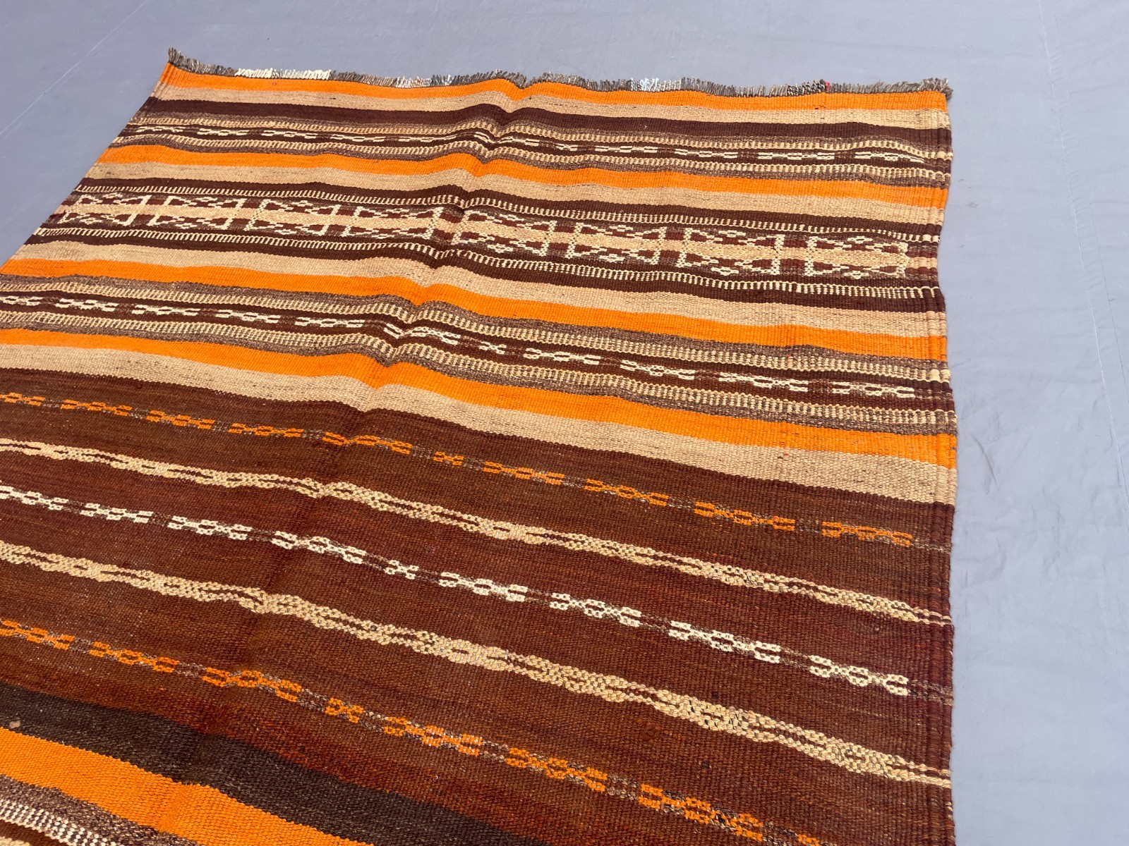 3×8 Earthy Afghan Kilim Runner with Brown Orange Stripes N Minimal Tribal Weave