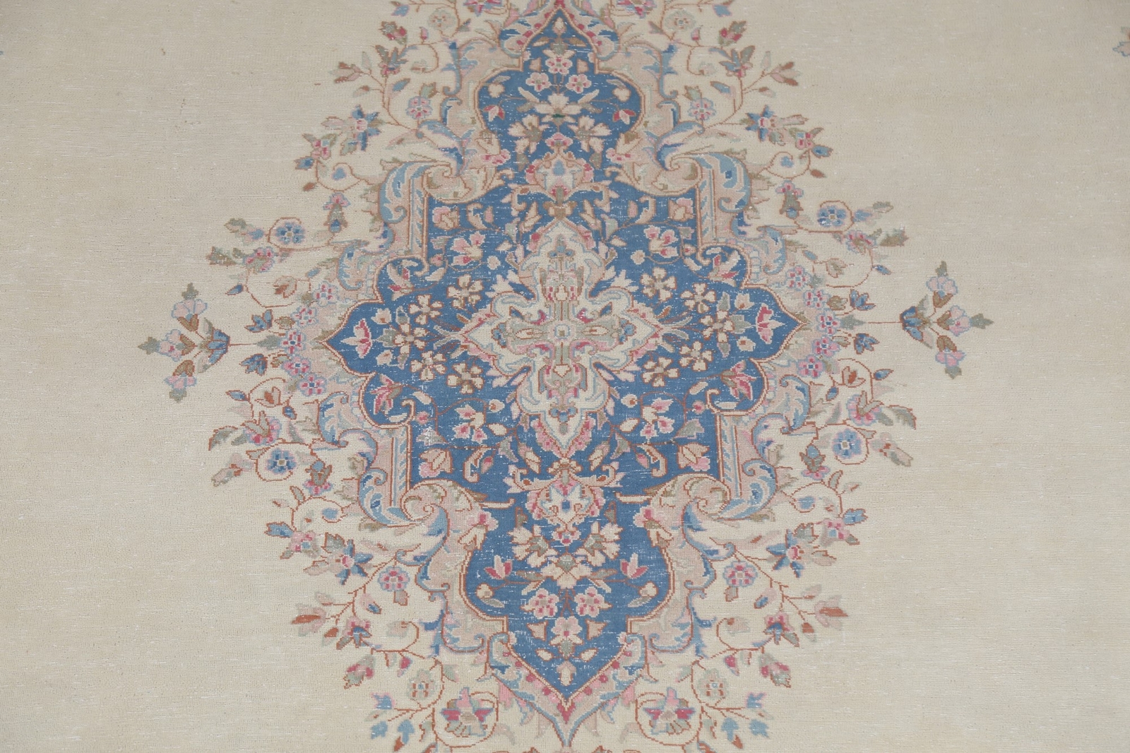 Vintage Ivory/ Blue Wool Medallion Kirman Traditional Handmade Area Rug 10×14