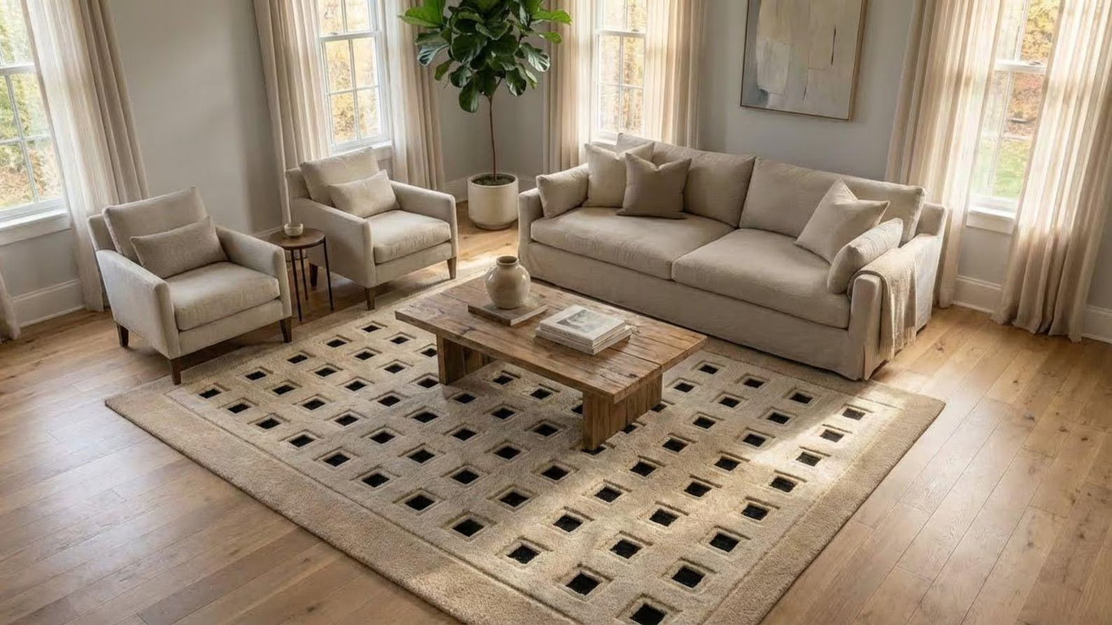 Hand-Tufted Wool Modern Geometric Square Pattern Rug, Beige & Black Area Rug.