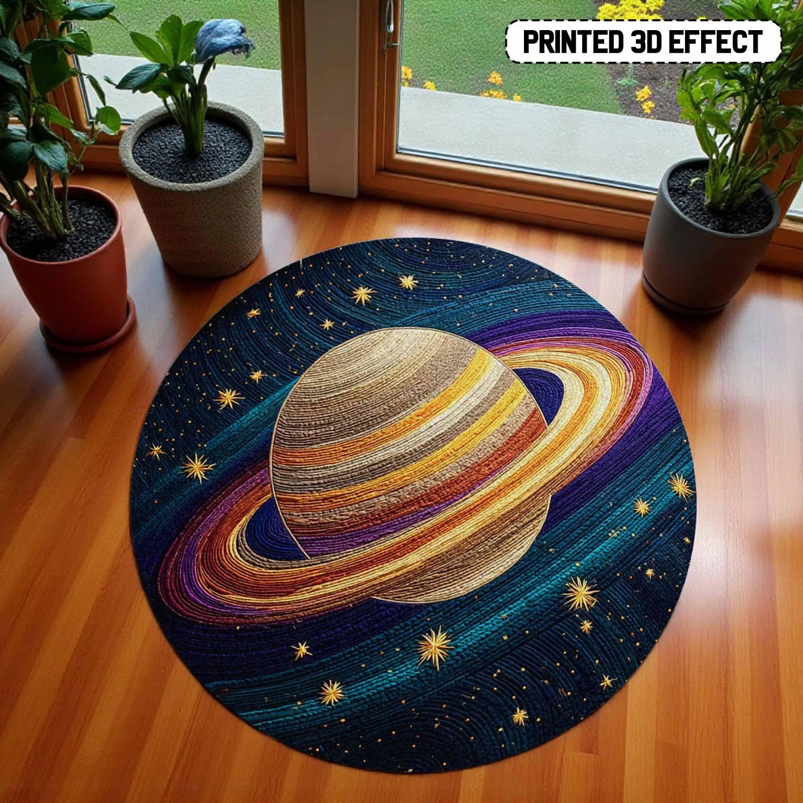 Saturn Planet Round Rug Galaxy Space Cosmic Star 3D Effect Astronomy Home Decor