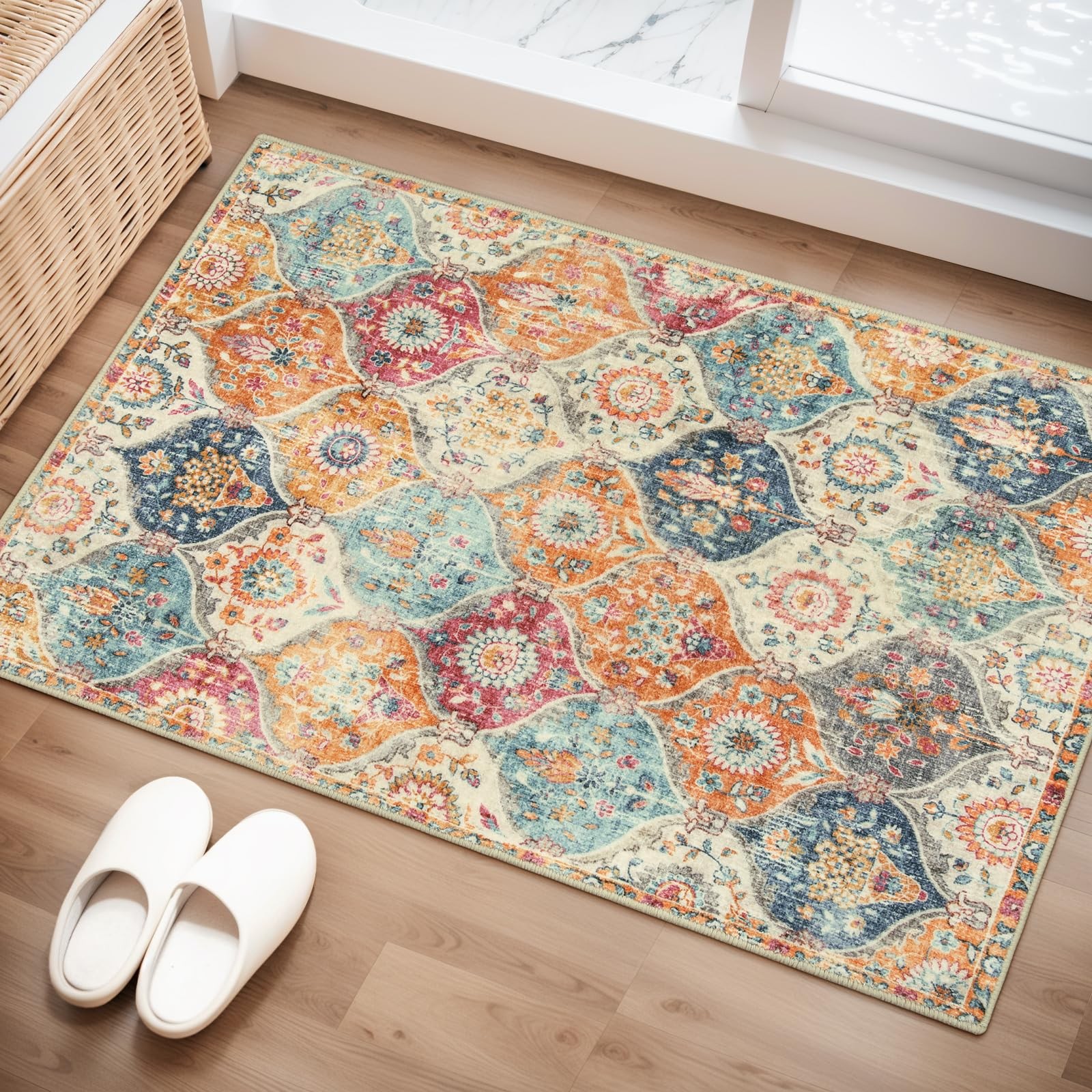 Moroccan Trellis Washable Rug 2×3 Feet Cream Multi Kitchen Entryway Mat