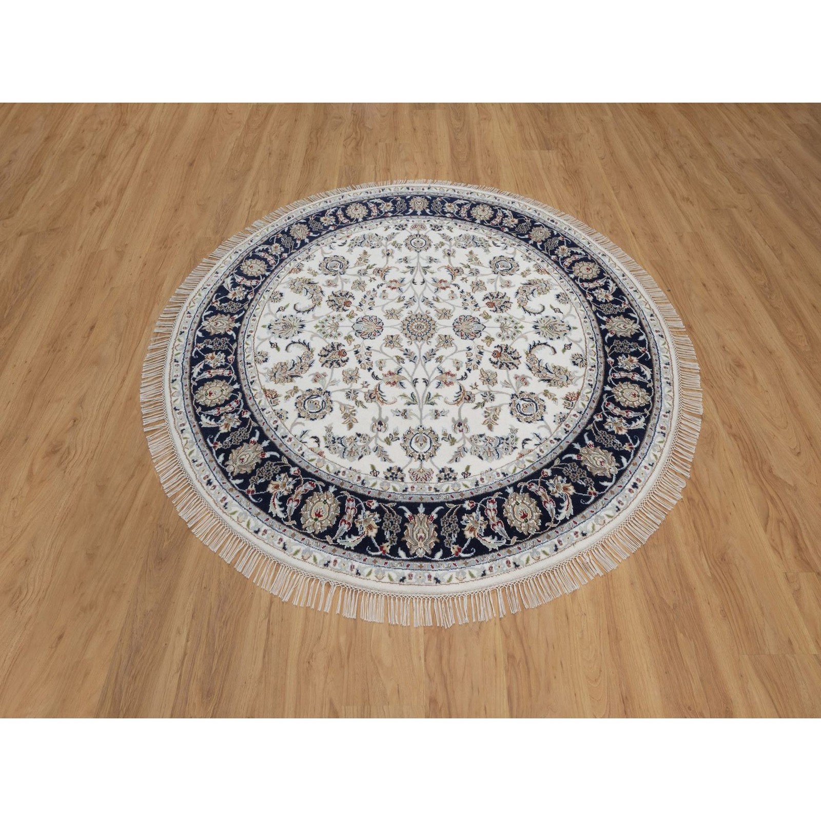 6’2″ x 6’2″ Ivory Nain Flower Design Wool and Silk Hand Knotted Round Rug R91581