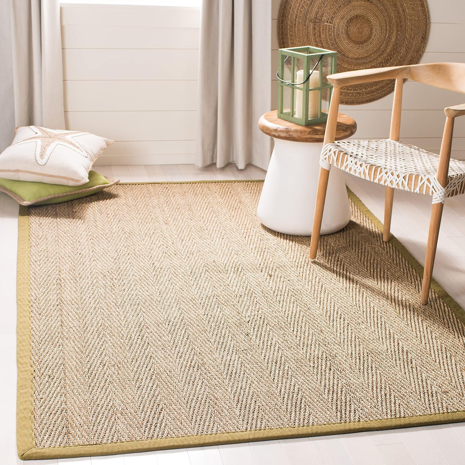 Natural Fiber Area Rug 6×9 – Olive Green Herringbone with Border