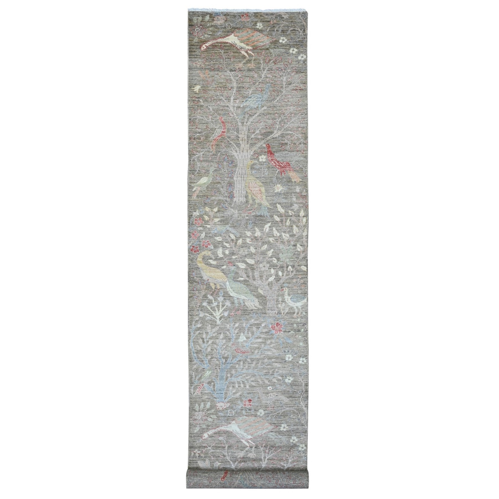 2’9″x15’9″ Brown Hand Knotted Peshawar Birds Design Soft Wool Runner Rug R20643