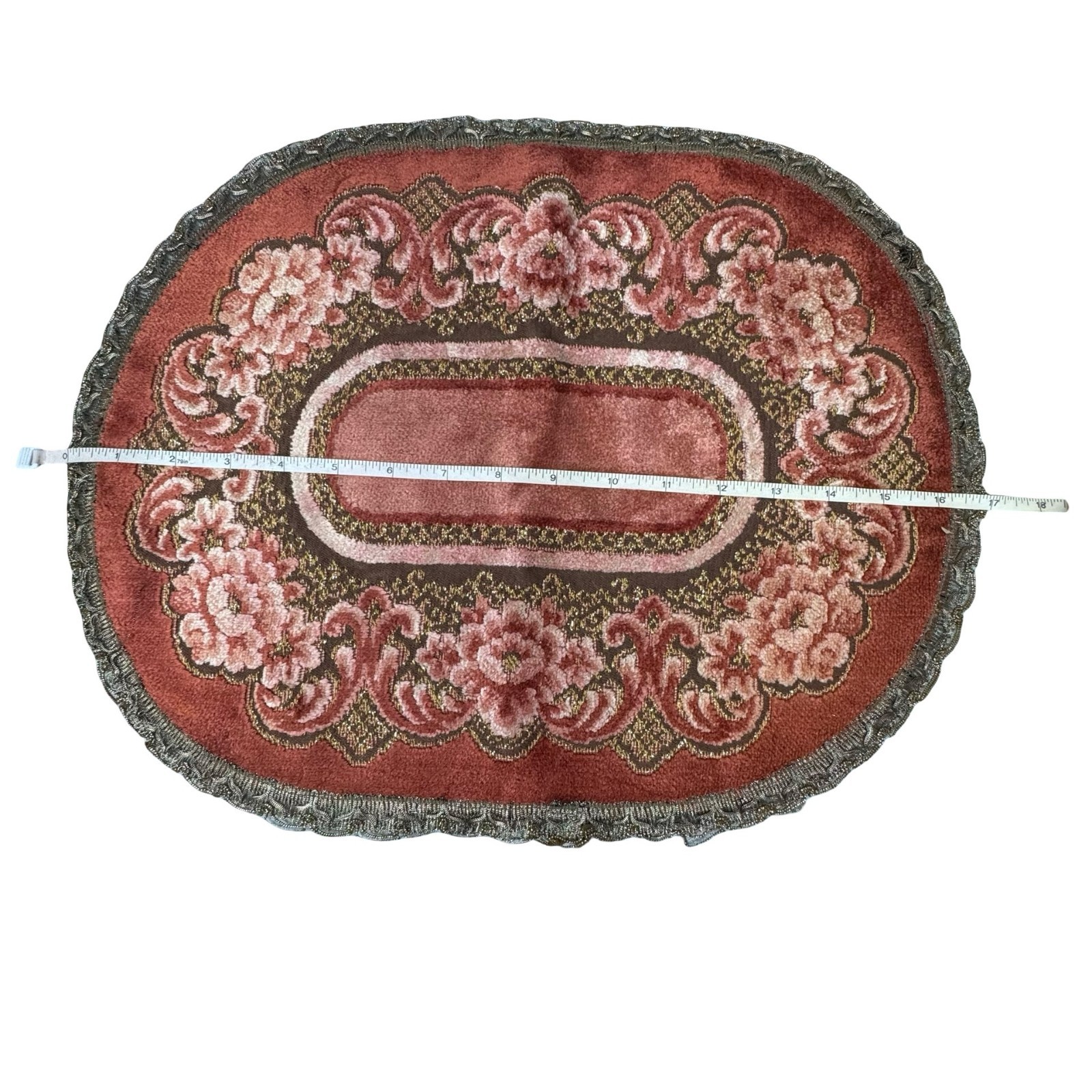 Vintage Oval Floral Rug With Metallic Gold Trim 17″x13″ Red Pink Brown Accent Ma