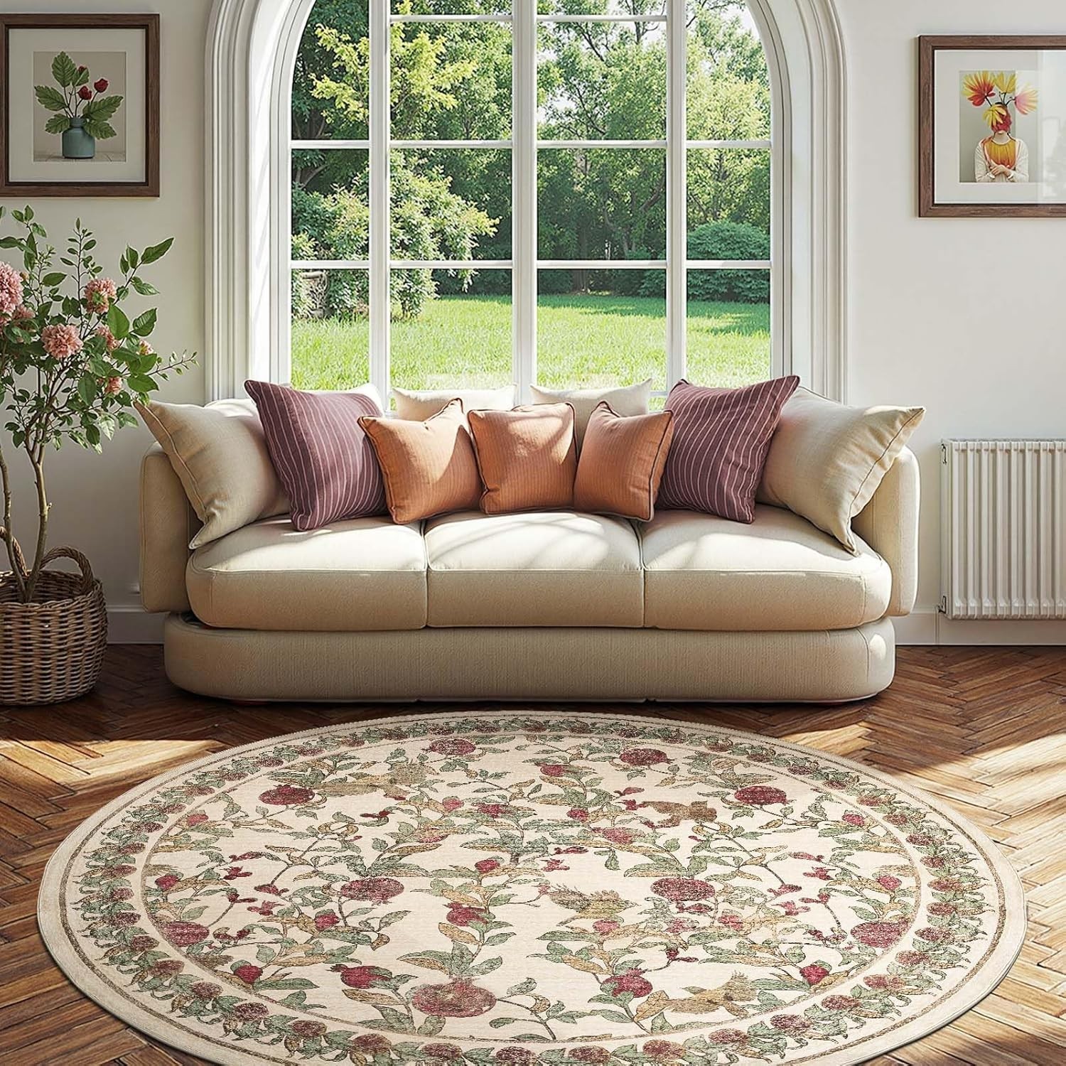 Floral Round Rug 8ft Area Rug Washable Vintage Summer Soft Non-Slip