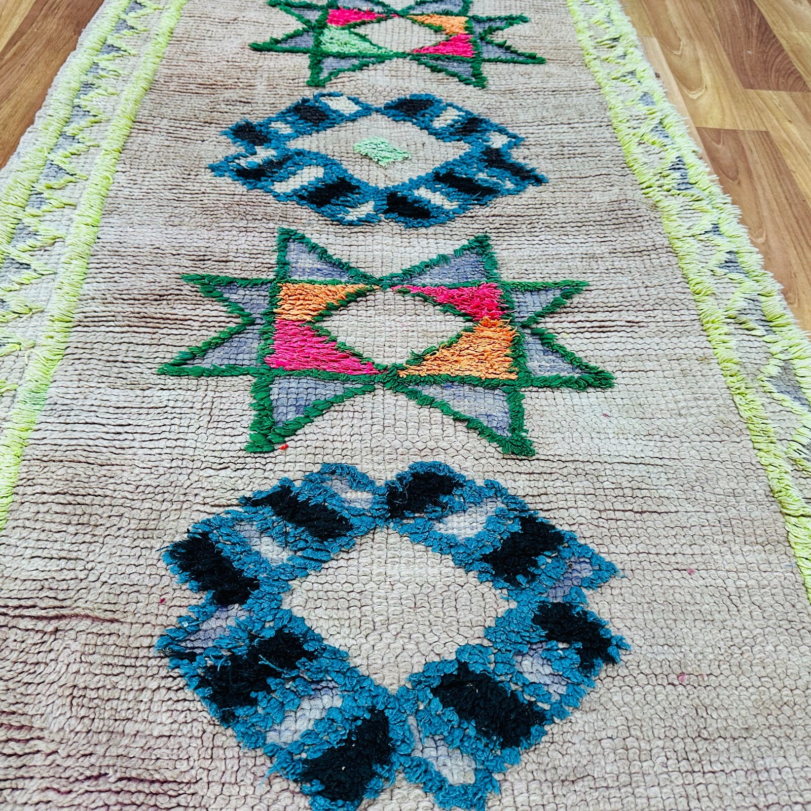 Bohemian Moroccan Shag Runner 32×126 in – Handmade Wool – Star Design Neon Accen