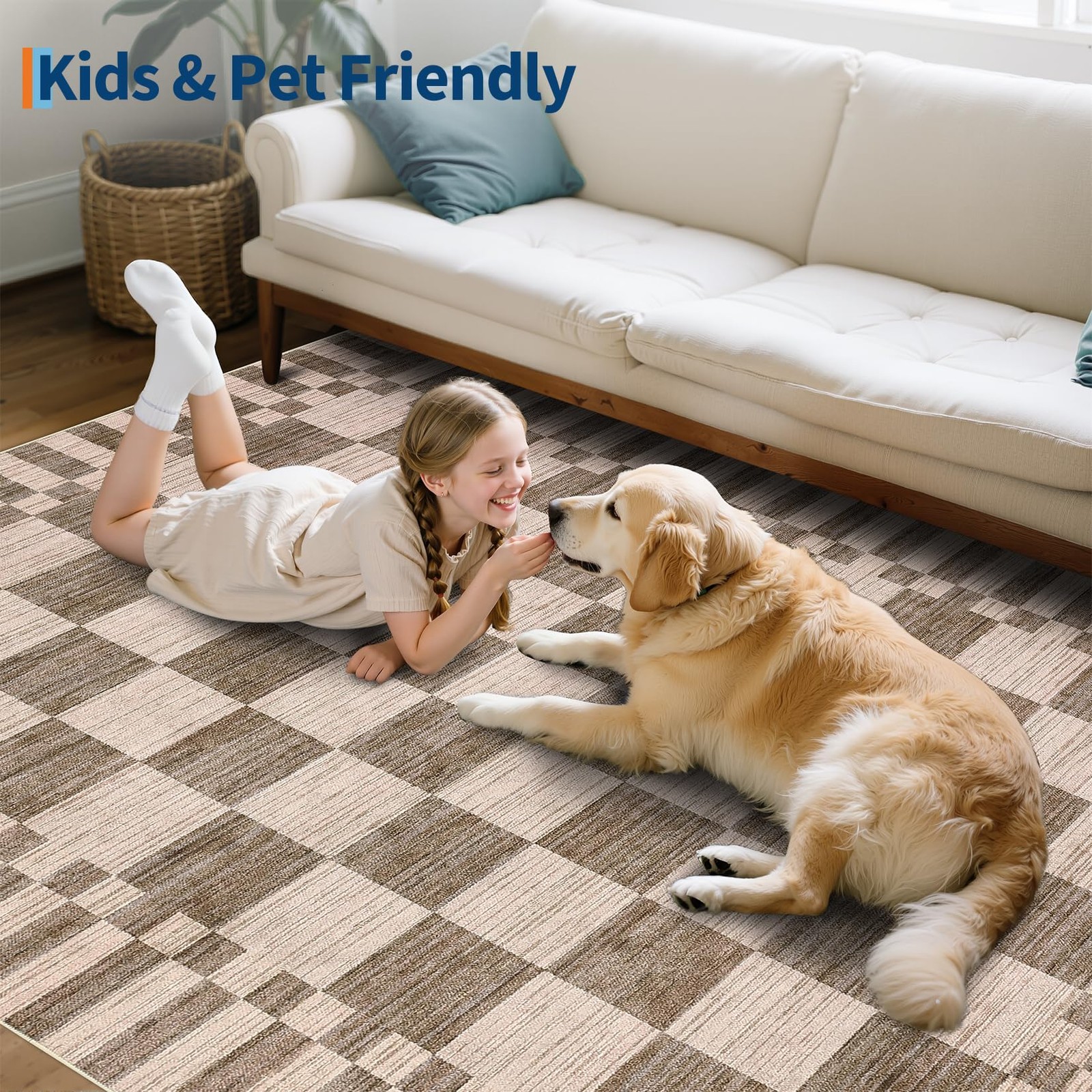 8×10 Area Rug Machine Washable Modern Brown Checkered Non-Slip – Living Room