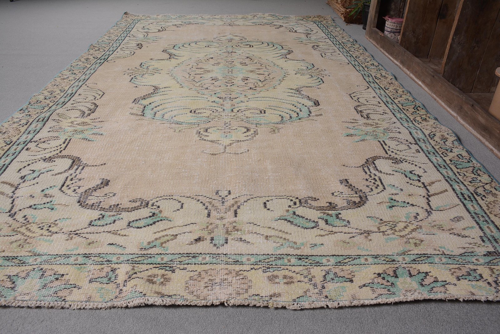 5,6×9,5 ft Vintage Large Rug, Beige Blue Turkish Solid Wool Rug