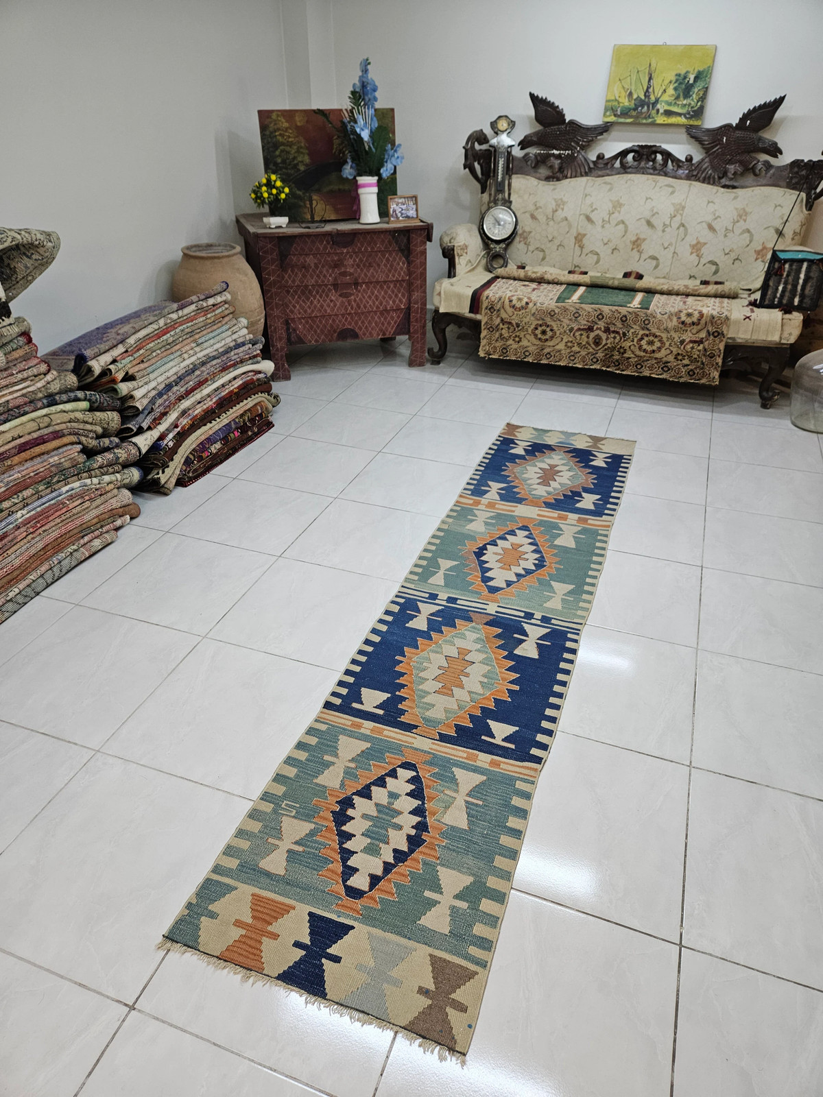 Blue Turkish Kilim Runner Rug, Vintage Hallway Carpet (2×8.7 ft)