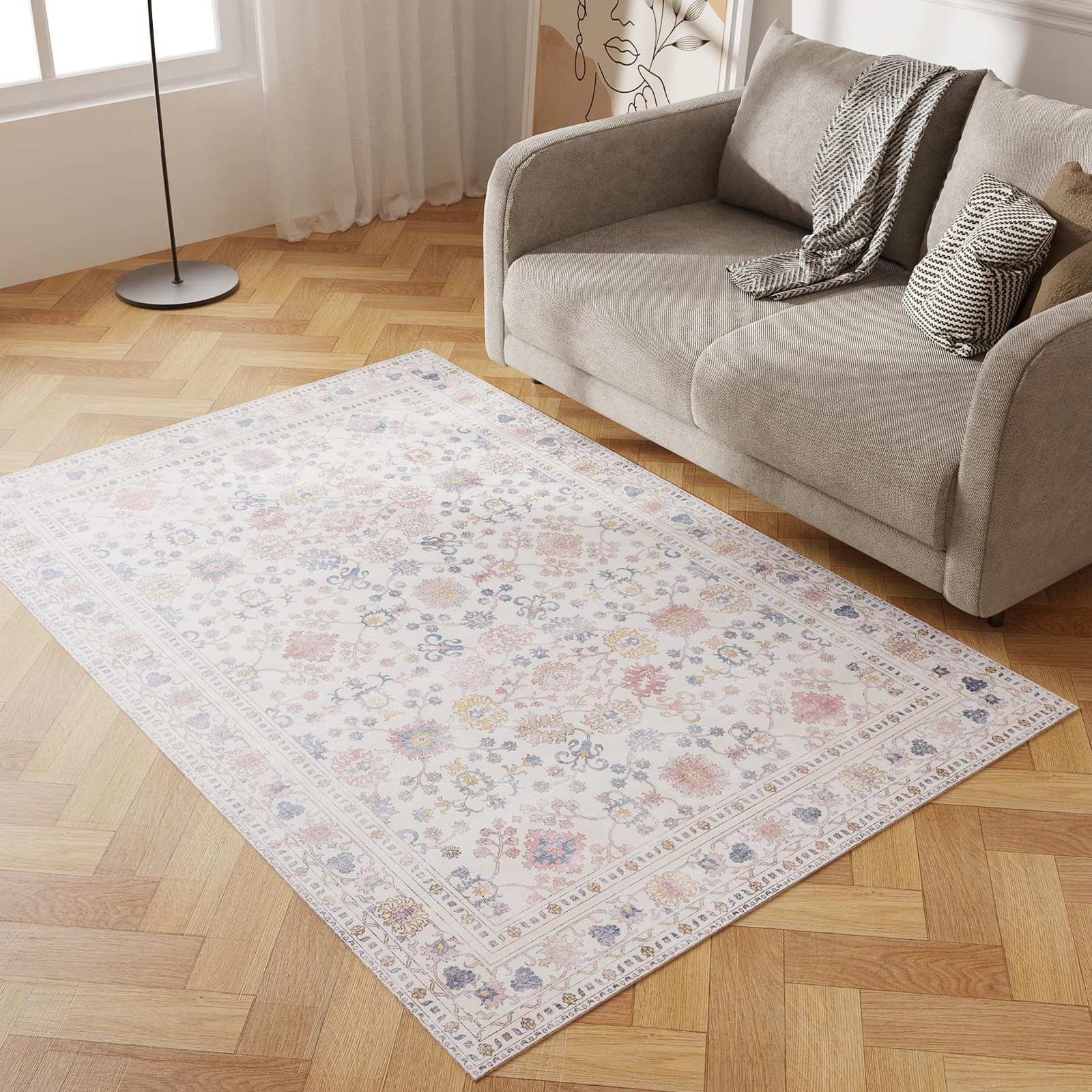 Keydol 4X6 Durable Vinyl Rugs For Living Room Vintage Floral Pattern For Dining