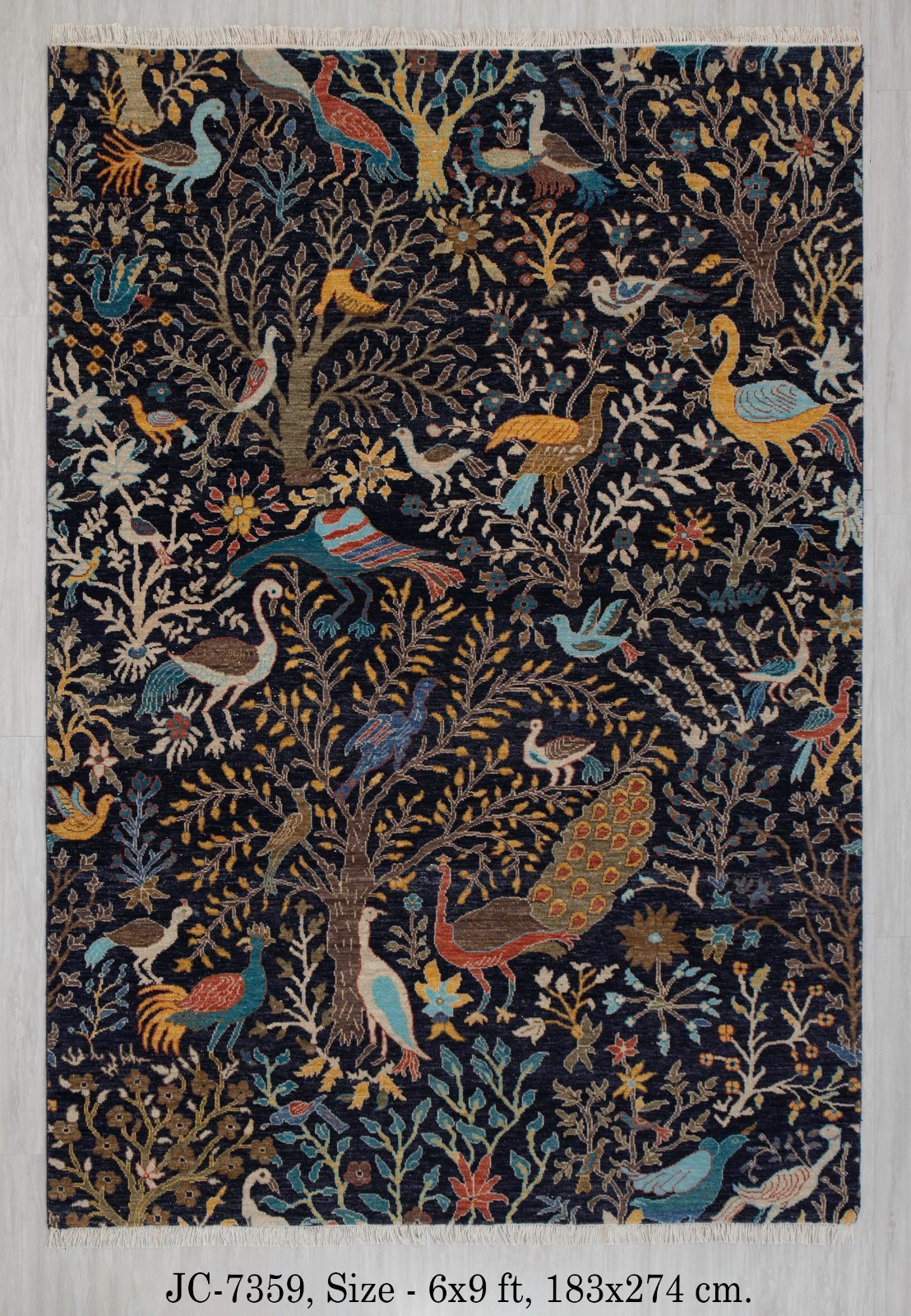 Navy Blue Peacock Birds & Garden Hand Knotted Hand Spun Wool Custom Size Rug