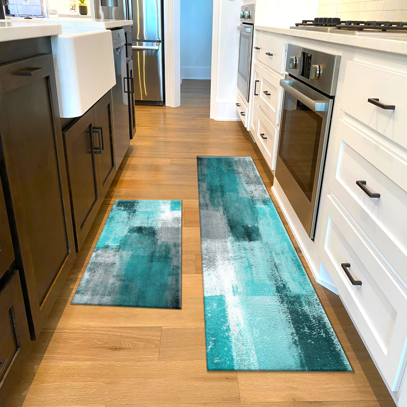 Teal Blue Abstract Geometric on Gray Kitchen Mats for Floor Washable Rugs
