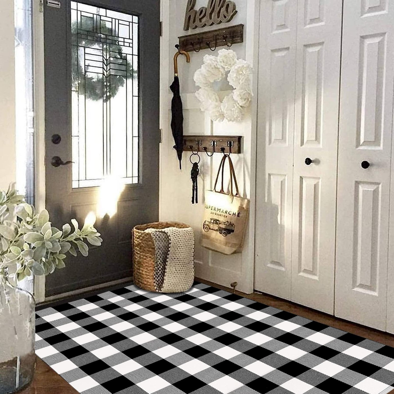 Buffalo Plaid Rug 4′ x 6′ Black and White Large Front Door Mat, Layering Area…