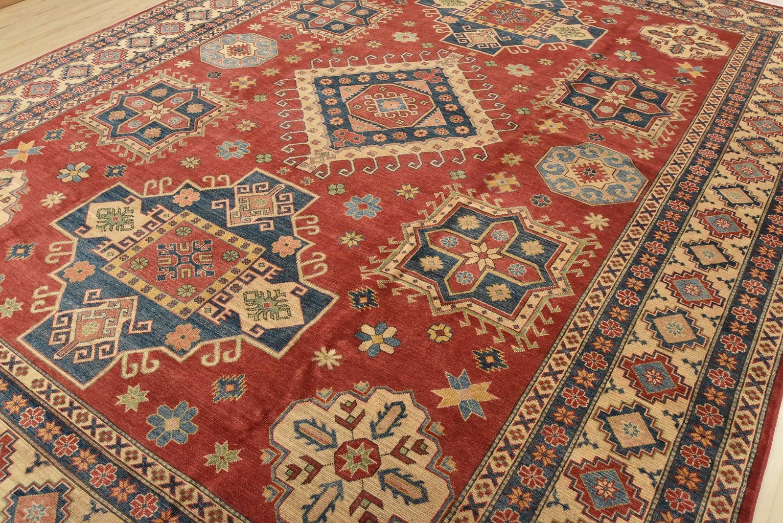 Kazak Rug 11′ x 14’9” Red Wool Tribal Geometric Hand-Knotted Oriental Carpet