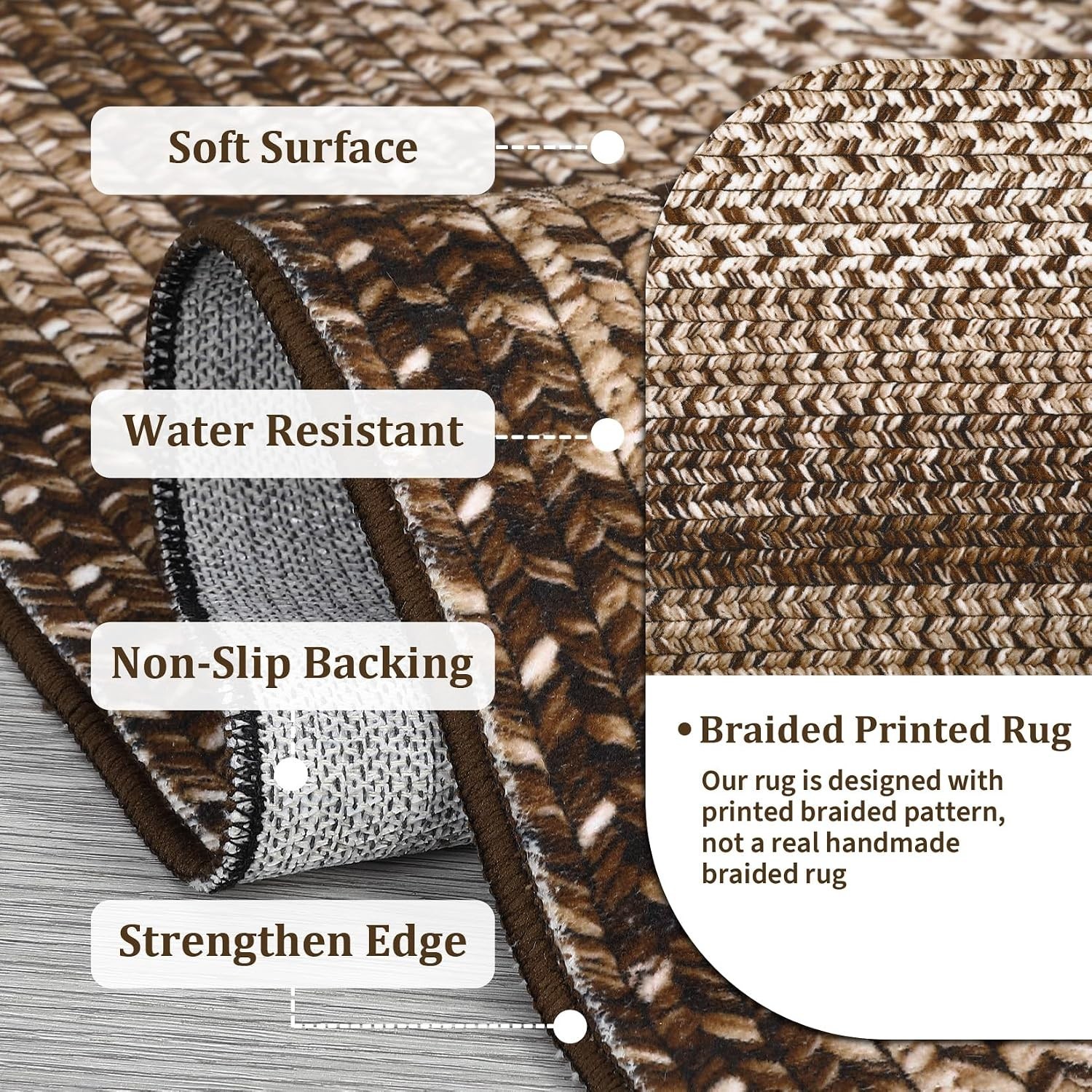 Stylish 5×7 Brown Braided Print Rug – Machine Washable, Pet-Friendly Design