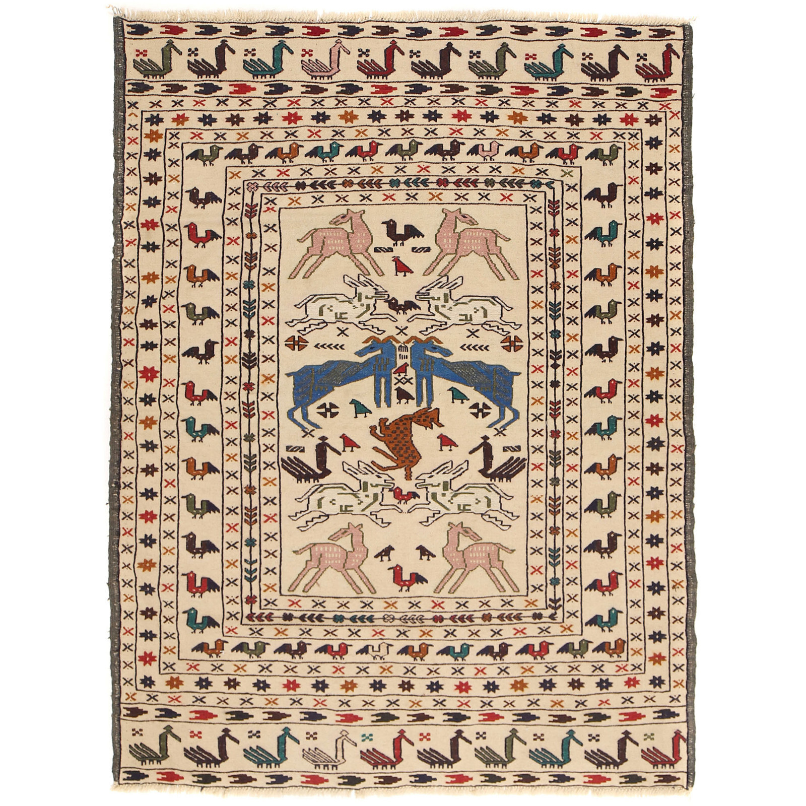 Handmade Afghan Oriental White Pictorial Living Rroom Kilim 4’4×5’9 ft -B20012
