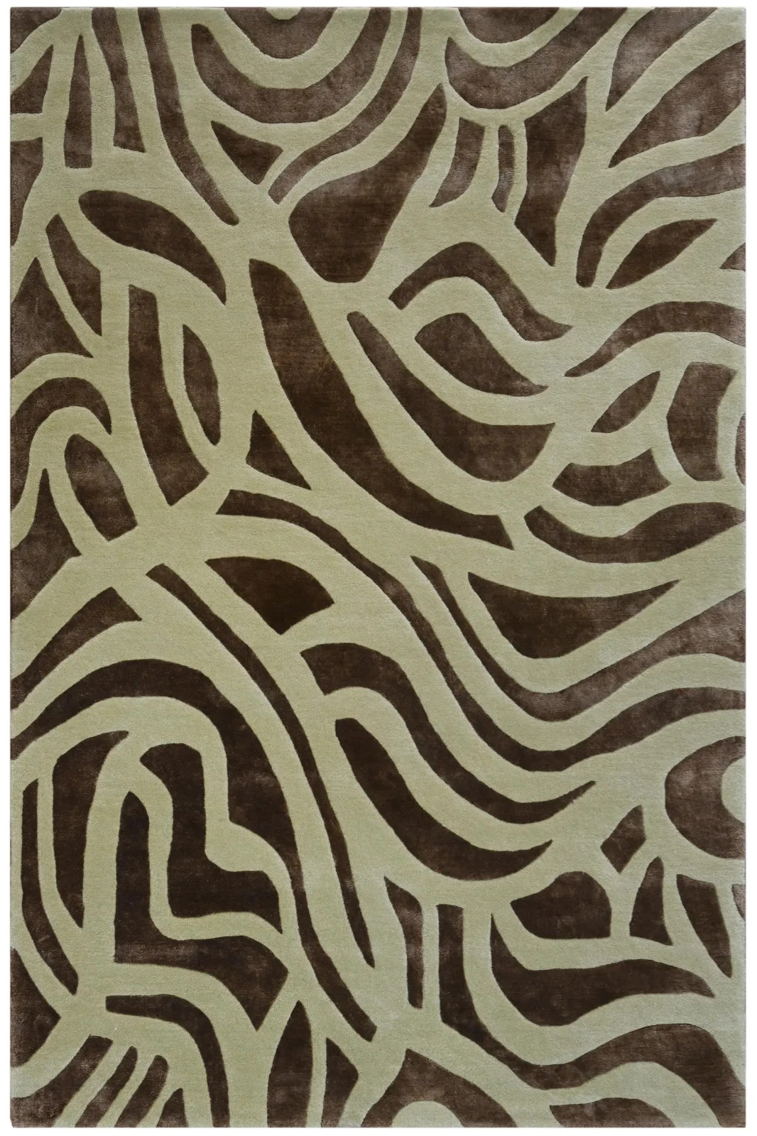 Chocolate Brown Zebra Rug, Hand-Tufted Wool Wavy Pattern Carpet, Mid-Century