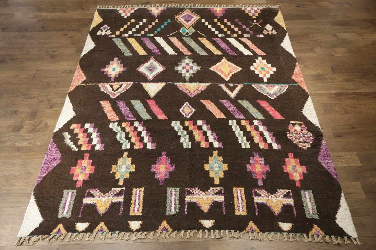 Modern Moroccan Brown Geometric Bright Colors 9×12 Hand-Knotted Wool Area Rug