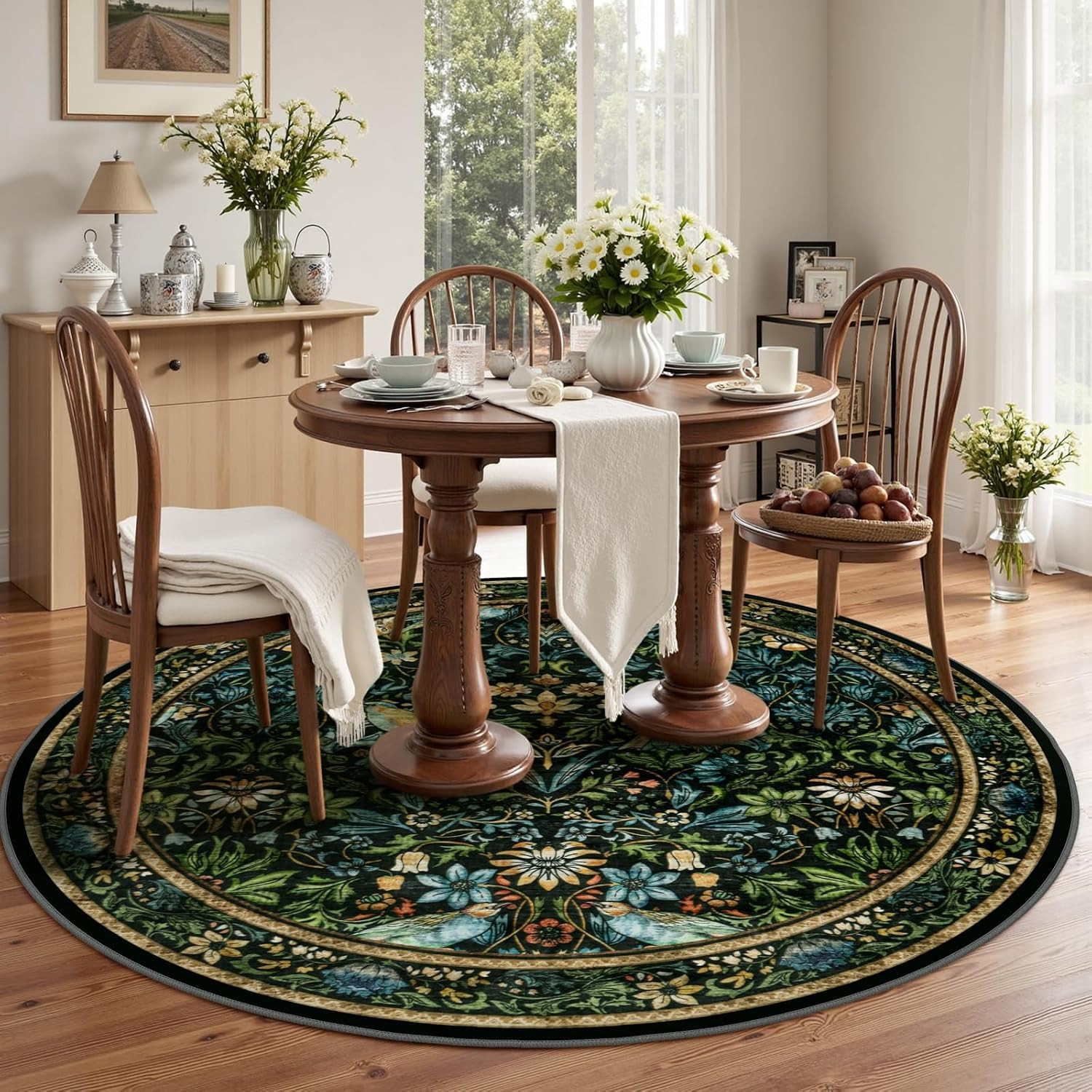 Vintage Floral round Rugs 5Ft, Washable Boho Circle Rug for Living Room, Soft No