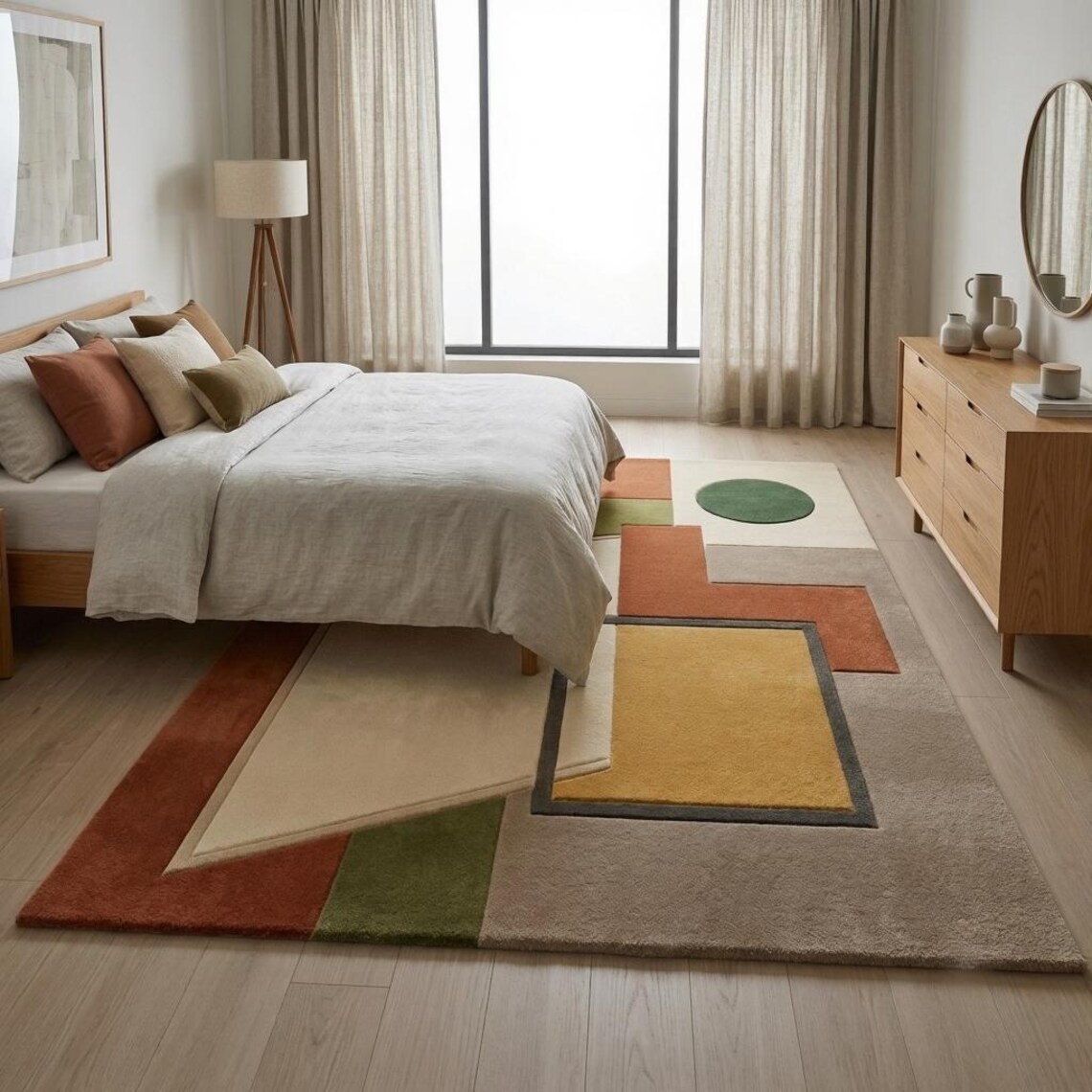 Hand Tufted Wool Rug, Geometric Abstract, Terracotta Ivory Sage Mustard Carpet