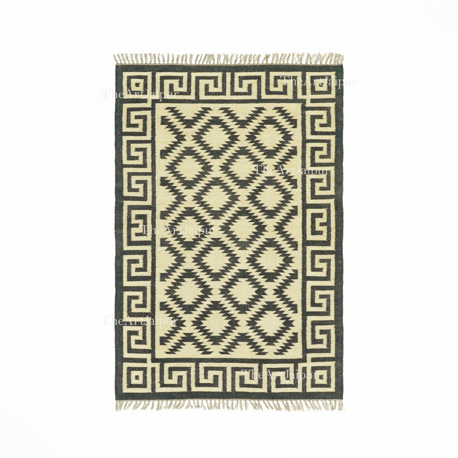 Handwoven Wool-Jute Geomatric diamond Floor Rug,Boho Modern Artisan Area Carpet