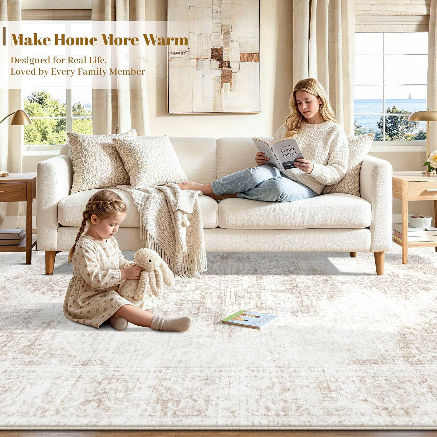 8X10 Area Rugs for Living Room, Washable Rugs Beige Vintage Medallion Non-Slip S