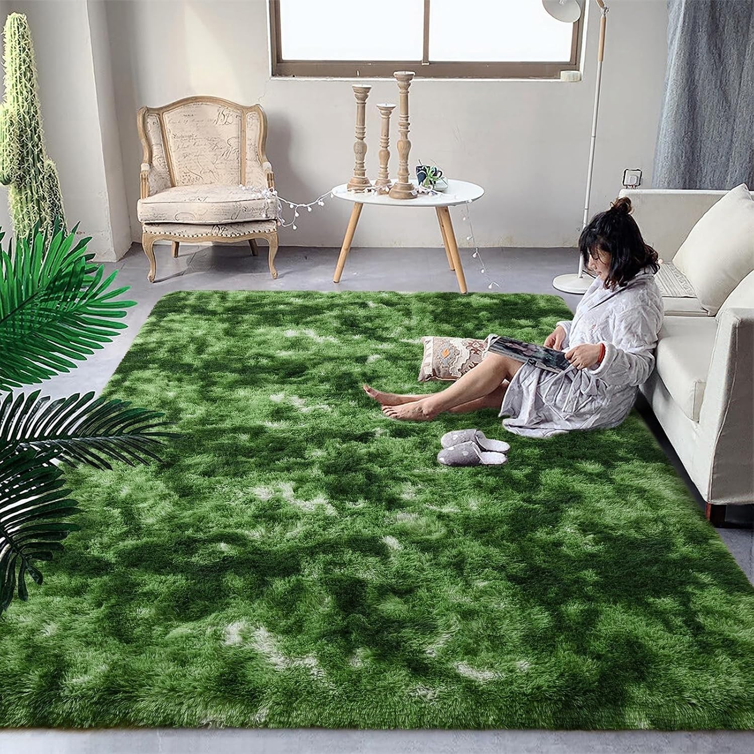 Fluffy High-Pile 4×6 ft Dark Green Rug – Modern Tie-Dye Design, Machine Washable