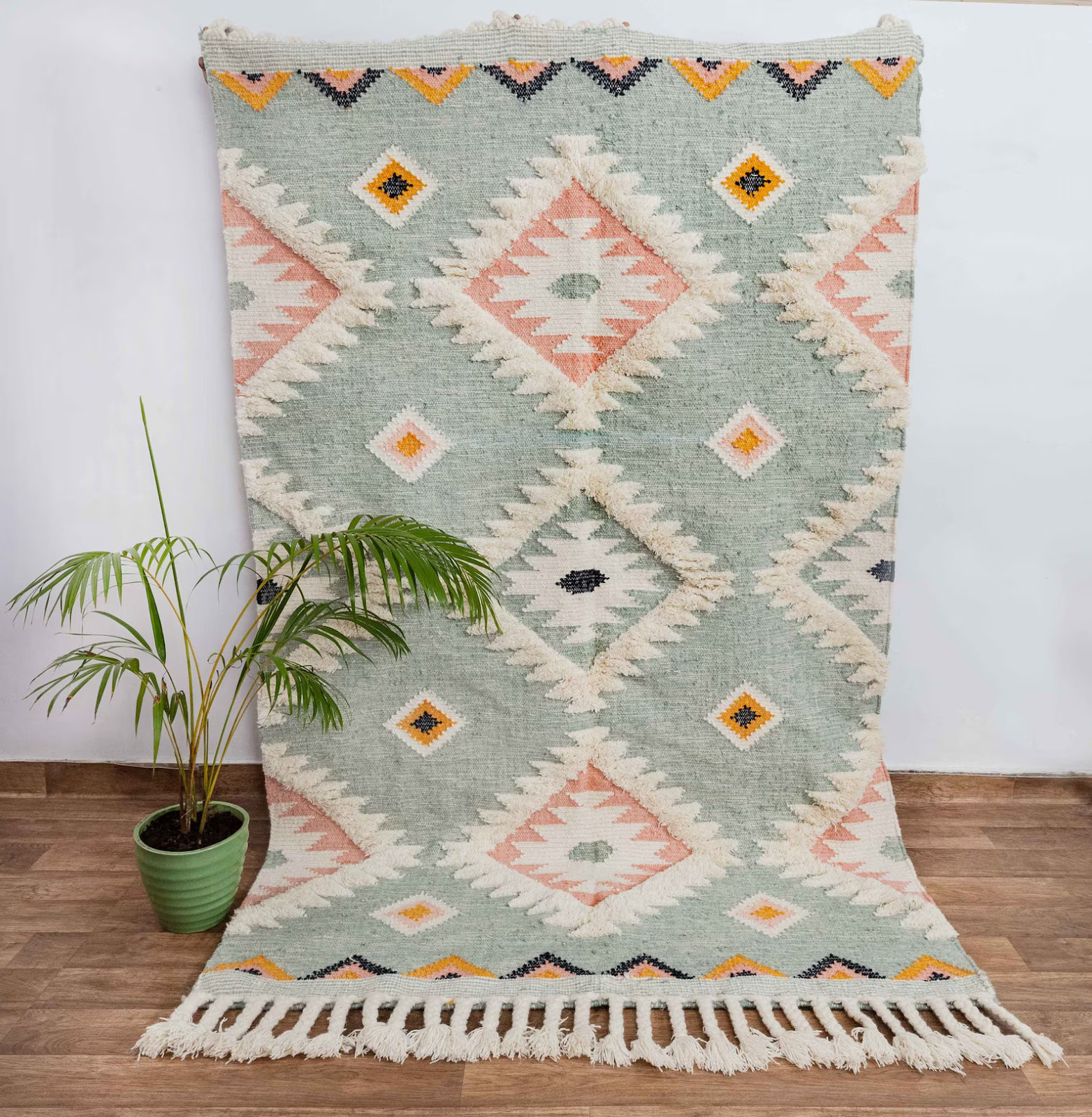 Sea Green Wool Moroccan Rug Hand Woven Bohemian Decor Inspired, Boho Scandinavia