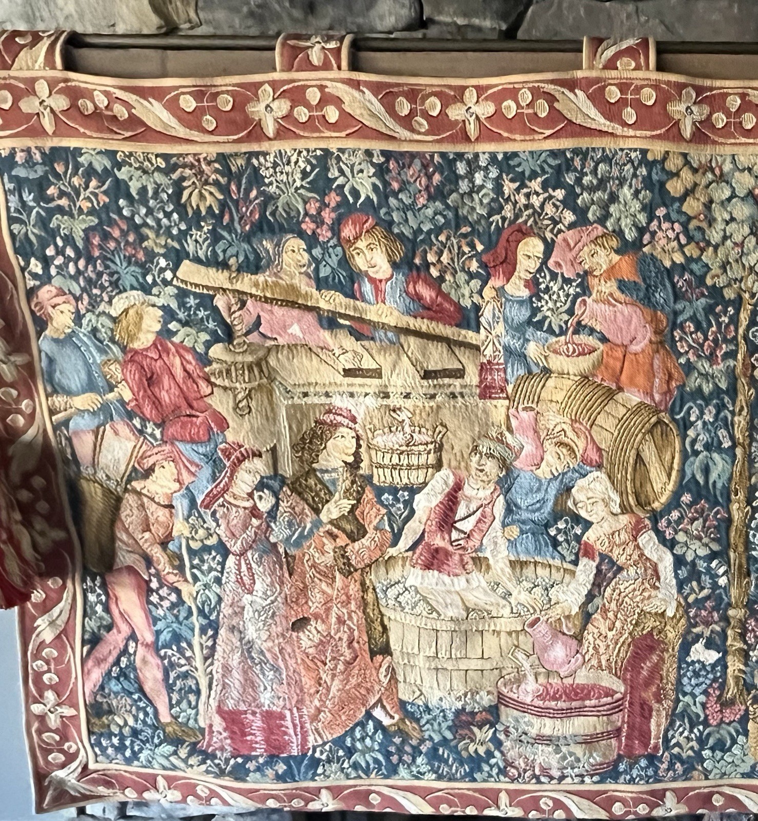 Vintage French Tapestry Stunning Tapestry w/Hanging Rod & Tassels 52”x34”