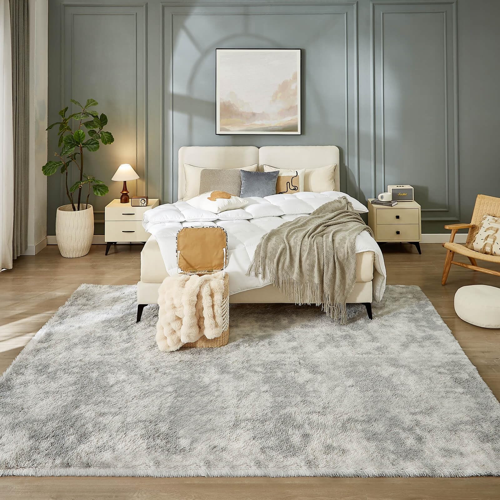 8×10 Rugs for Living Room, Tie-Dye Light Grey, Soft Fluffy Shag Carpets for B…
