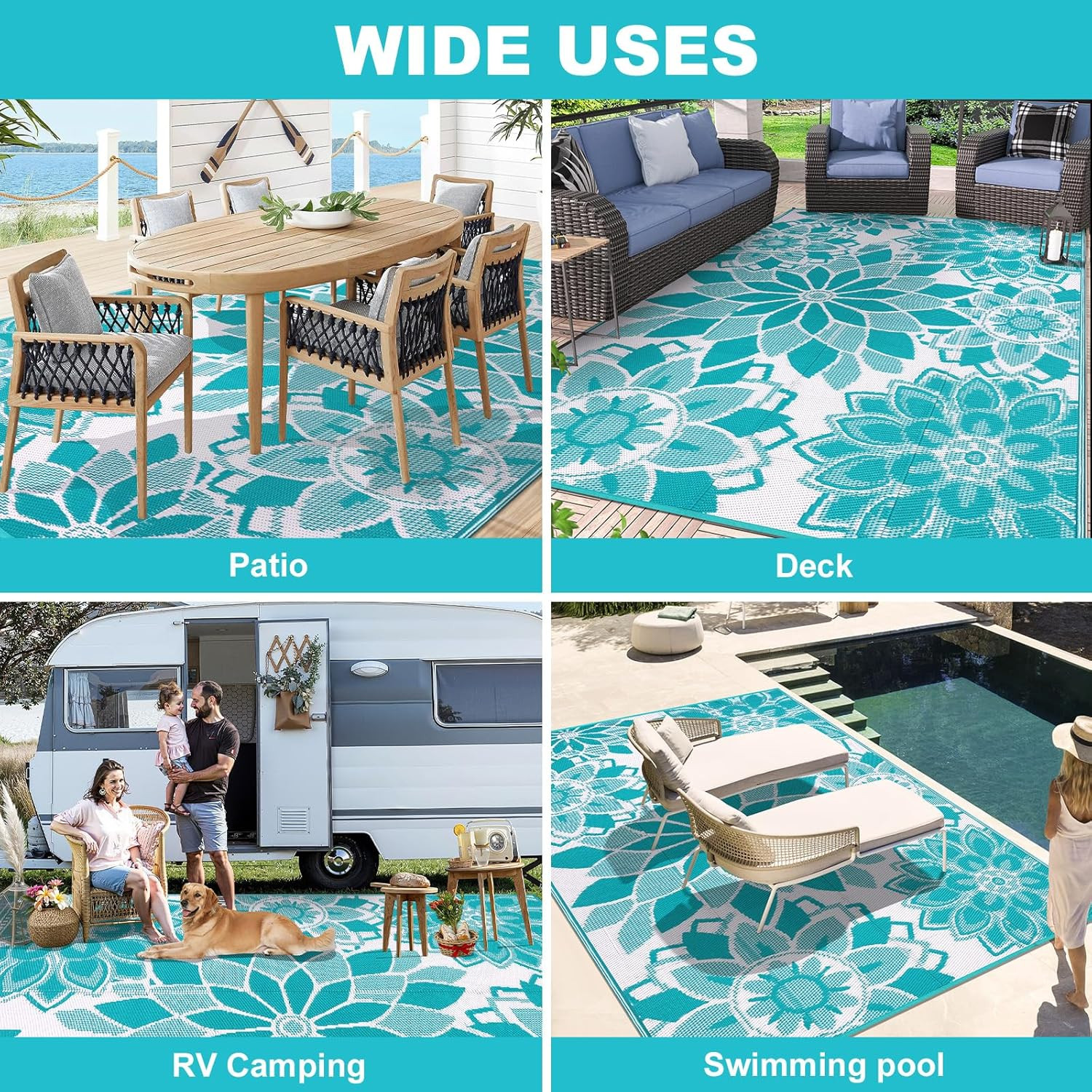 Outdoor Rug for Patio 8X10 Ft Reversible Plastic Straw Patio Camping Rug, Floral