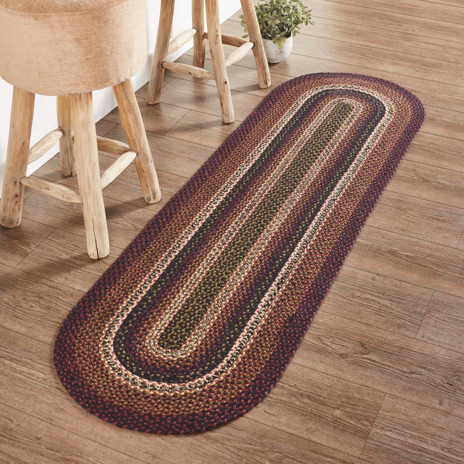 Primitive Country Rustic BLACK MUSTARD RED Braided RUNNER Floor Area Rug 22″x72″