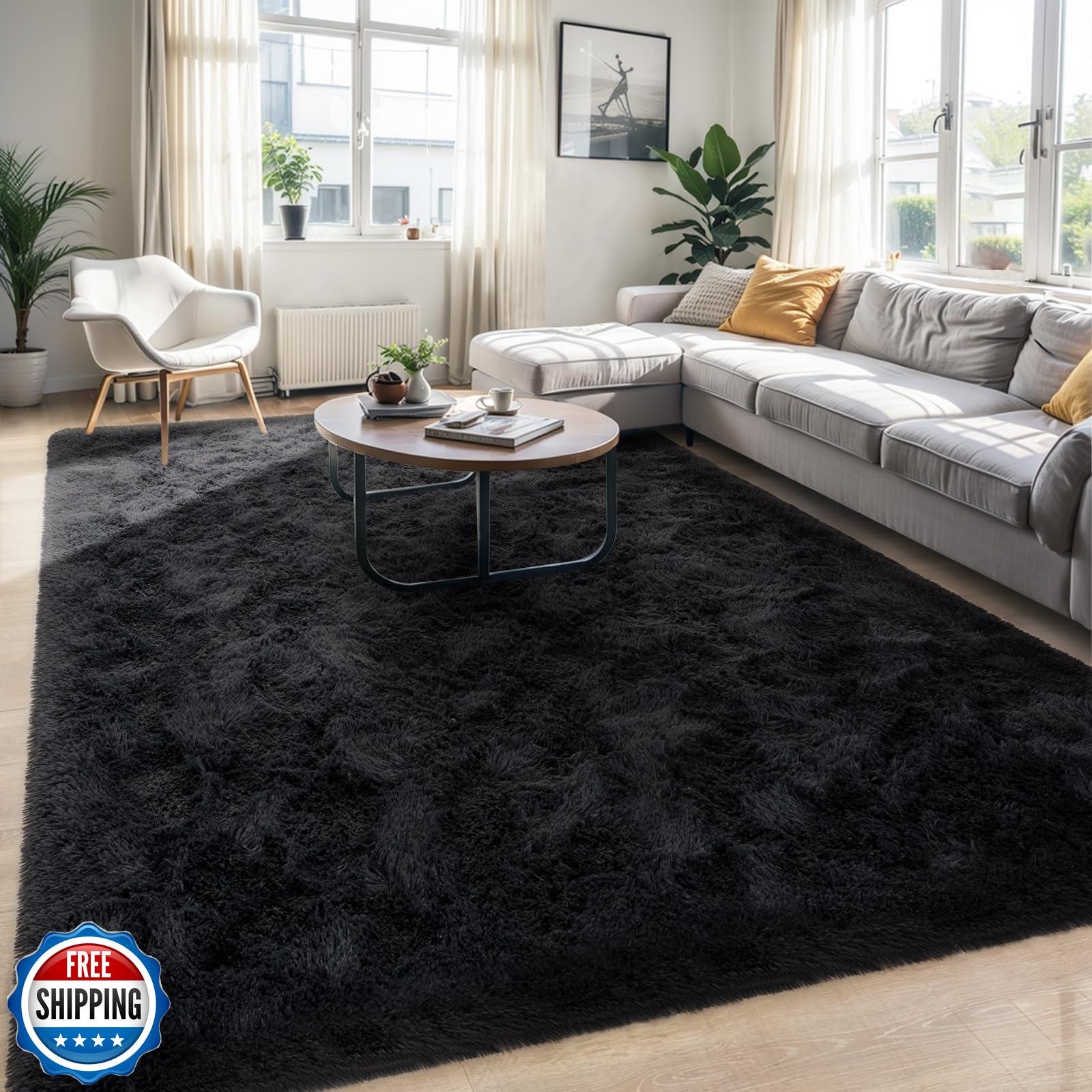 ULTSOFE 8×10 Black Fluffy Area Rug for Living Room Machine Washable, Shag Bed