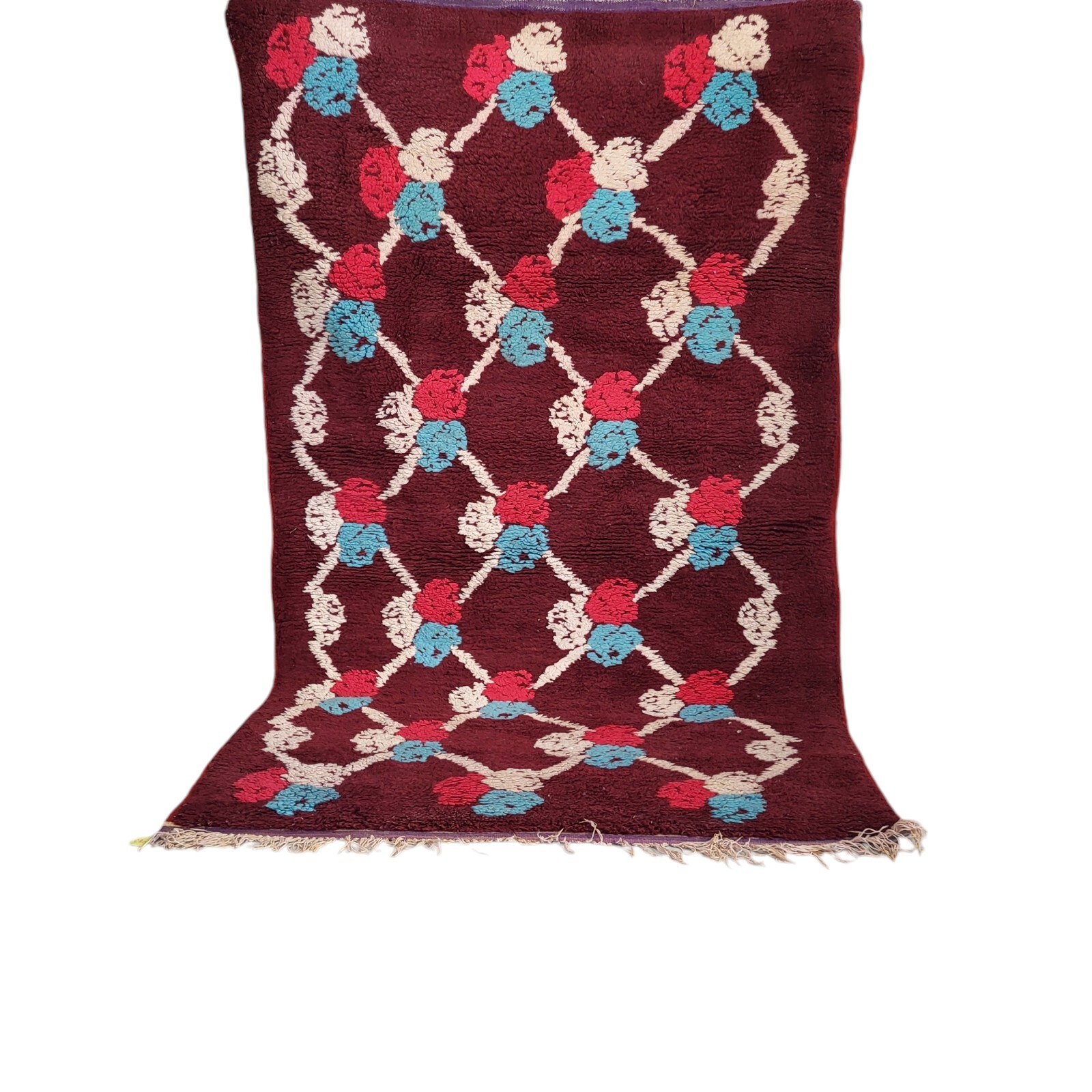Vinbrant Moroccan Burgundy Rug Blue White Red Floral Diamand Motif Berber Carpet