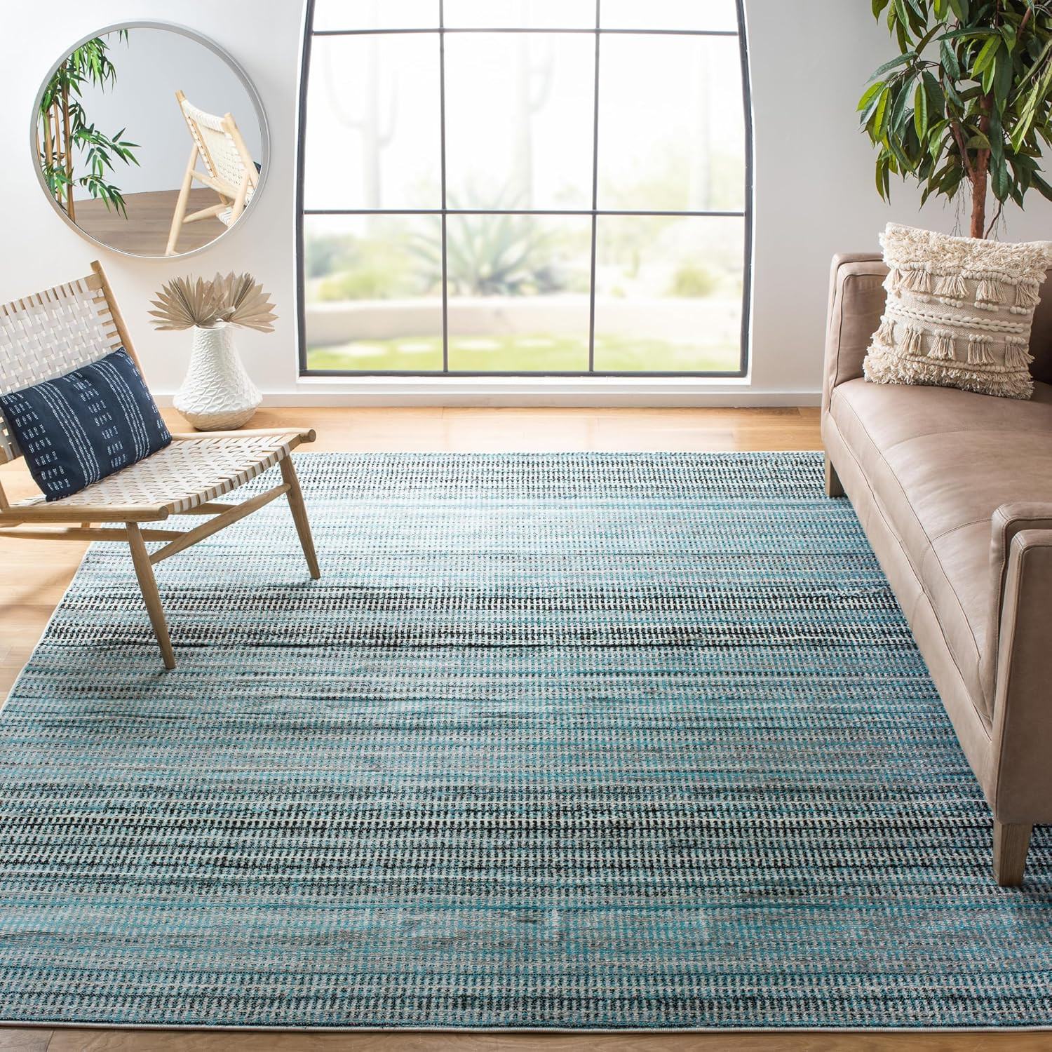 SAFAVIEH Skyler Collection Area Rug – 9′ X 12′, Blue & Grey, Stripe Design, Non-