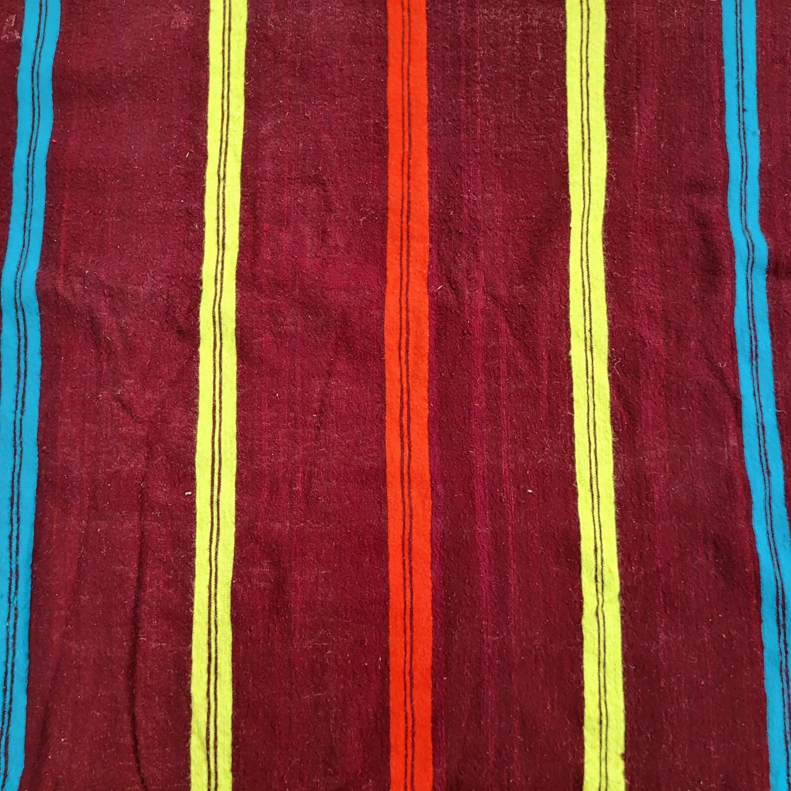 Vibrant Handmade Moroccan Rug Orange Blue Bands Yellow Berber Fringe Wool Carpet