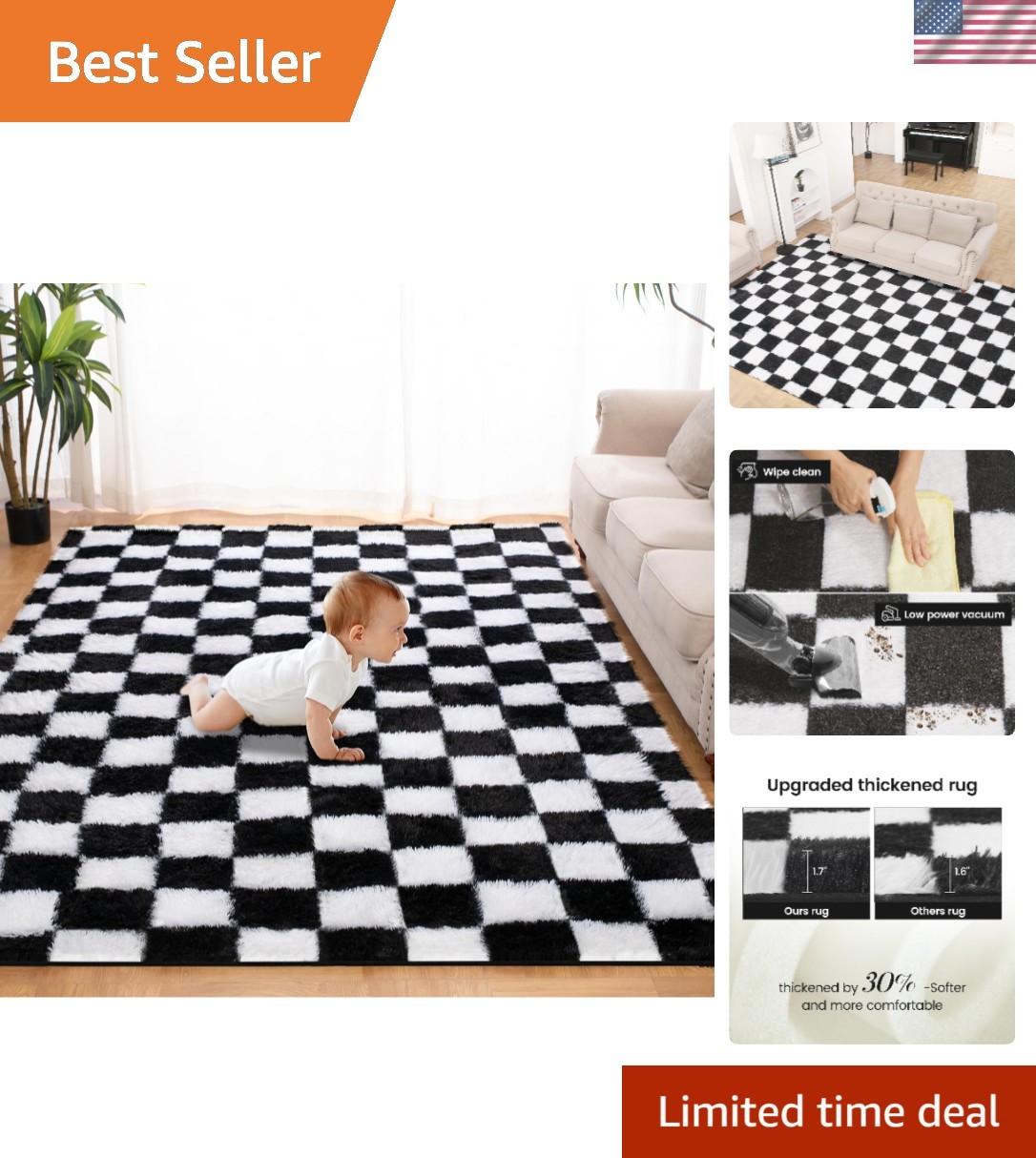 Chic 5×7 High Pile Rug – Black and White Shaggy Checkered Style for Every Room